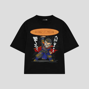 Playera streetwear premium de anime y gaming ExtraLife MX, corte boxy oversized drop shoulder heavyweight en color Deep Black y Off-White, moda urbana mexicana de culto.