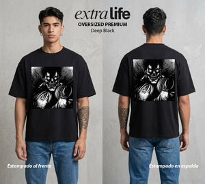 El Cuaderno del Juicio | Los Heroes del Futuro #00928 - Playera Oversized Premium | Deep Black - Foto en modelo