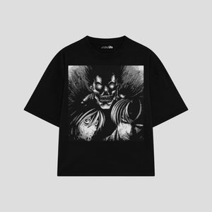 Playera streetwear premium de anime y gaming ExtraLife MX, corte boxy oversized drop shoulder heavyweight en color Deep Black y Off-White, moda urbana mexicana de culto.