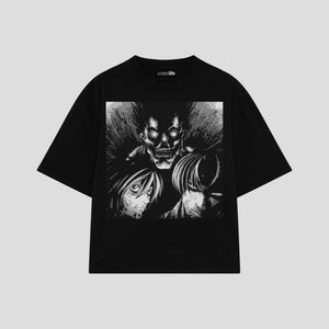 Playera streetwear premium de anime y gaming ExtraLife MX, corte oversized drop shoulder ligero y fresco en color Deep Black y Off-White, moda urbana mexicana de culto.