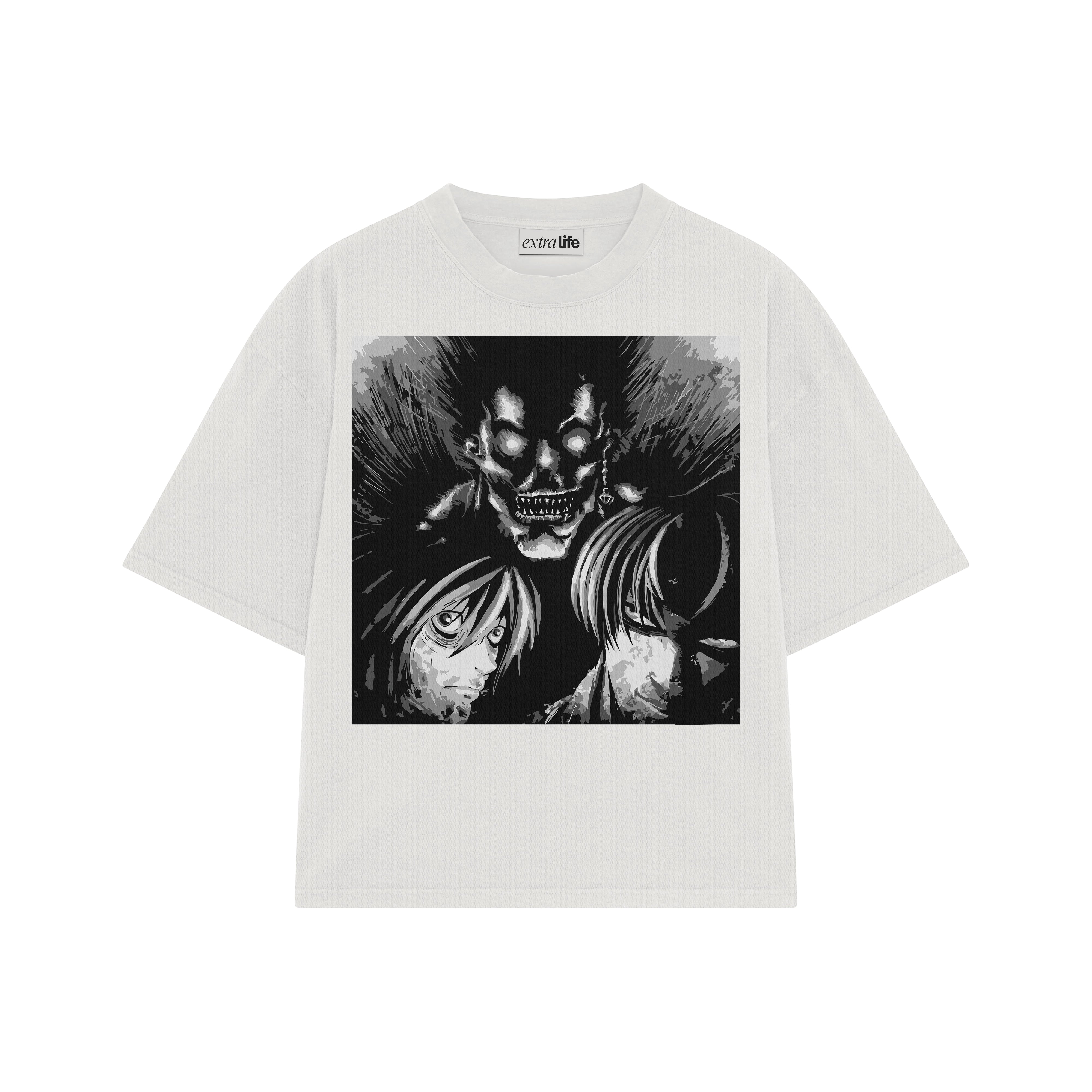 Playera streetwear premium de anime y gaming ExtraLife MX, corte boxy oversized drop shoulder heavyweight en color Deep Black y Off-White, moda urbana mexicana de culto.