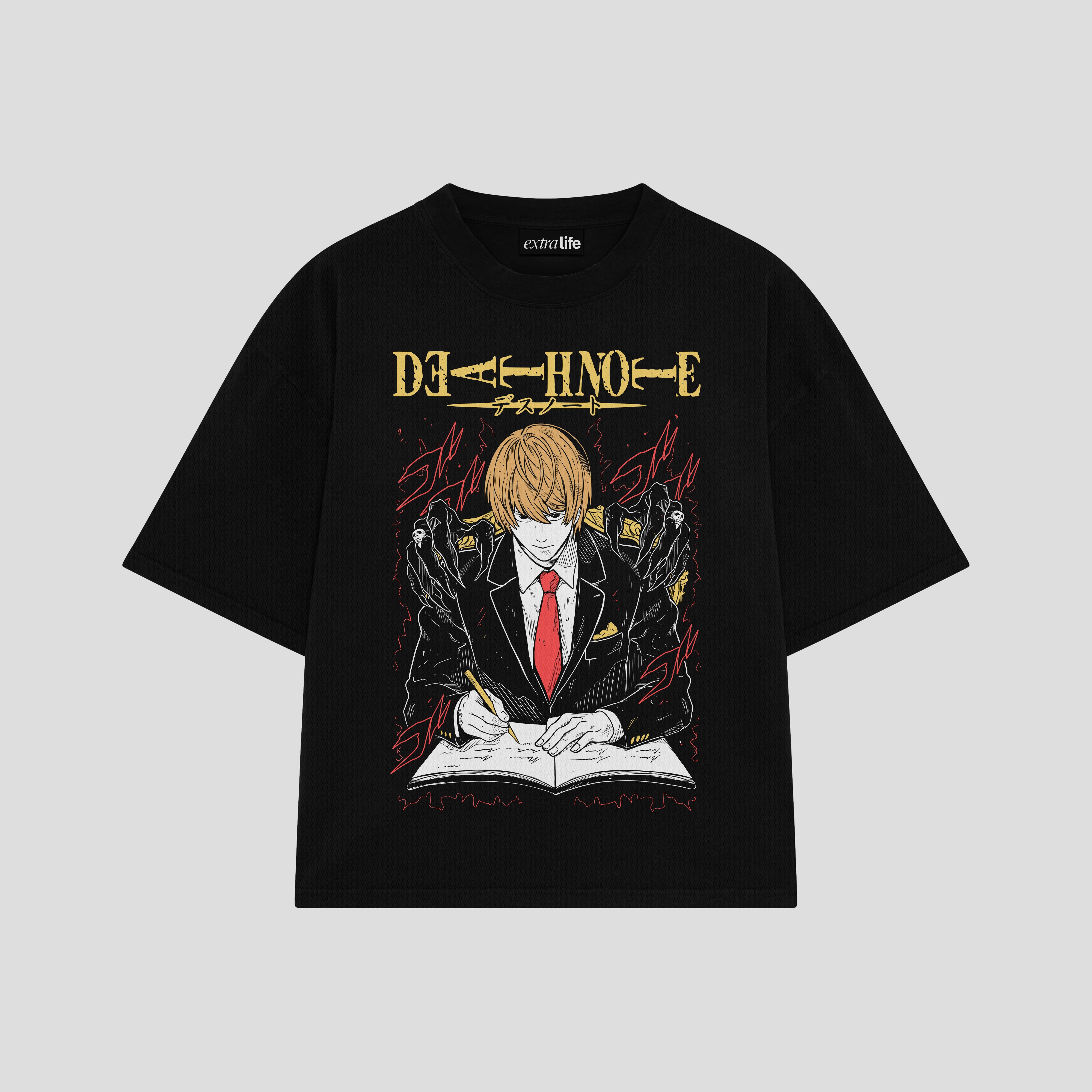 Playera streetwear premium de anime y gaming ExtraLife MX, corte boxy oversized drop shoulder heavyweight en color Deep Black y Off-White, moda urbana mexicana de culto.