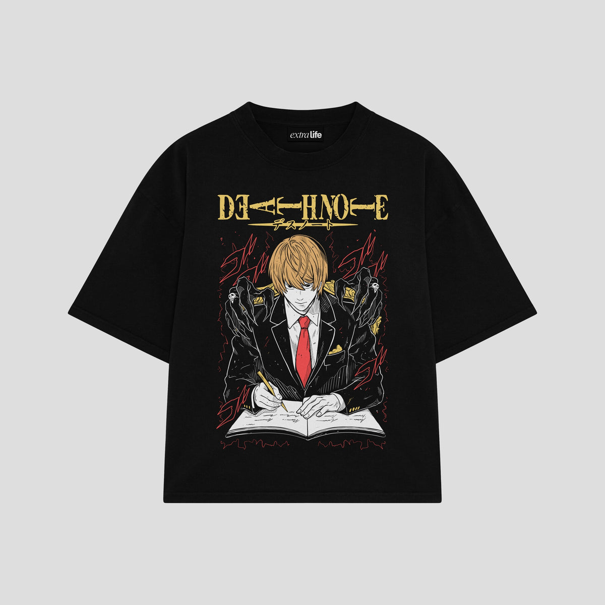 Playera streetwear premium de anime y gaming ExtraLife MX, corte oversized drop shoulder ligero y fresco en color Deep Black y Off-White, moda urbana mexicana de culto.