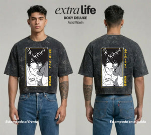 Playera streetwear premium de anime y gaming ExtraLife MX, corte boxy deluxe mineral wash heavyweight en color Acid Wash, moda urbana mexicana de culto.