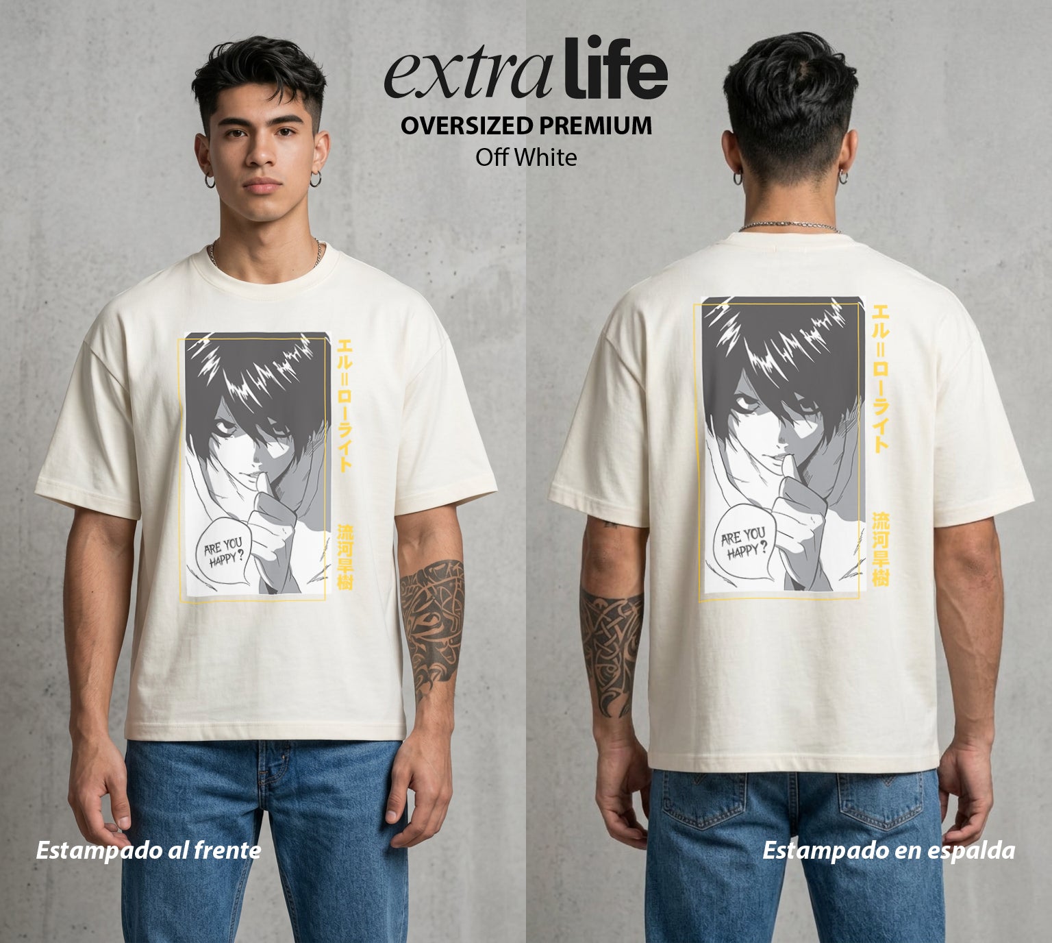 El Cuaderno del Juicio | Death Note L #00933 - Playera Oversized Premium | Off White - Foto en modelo