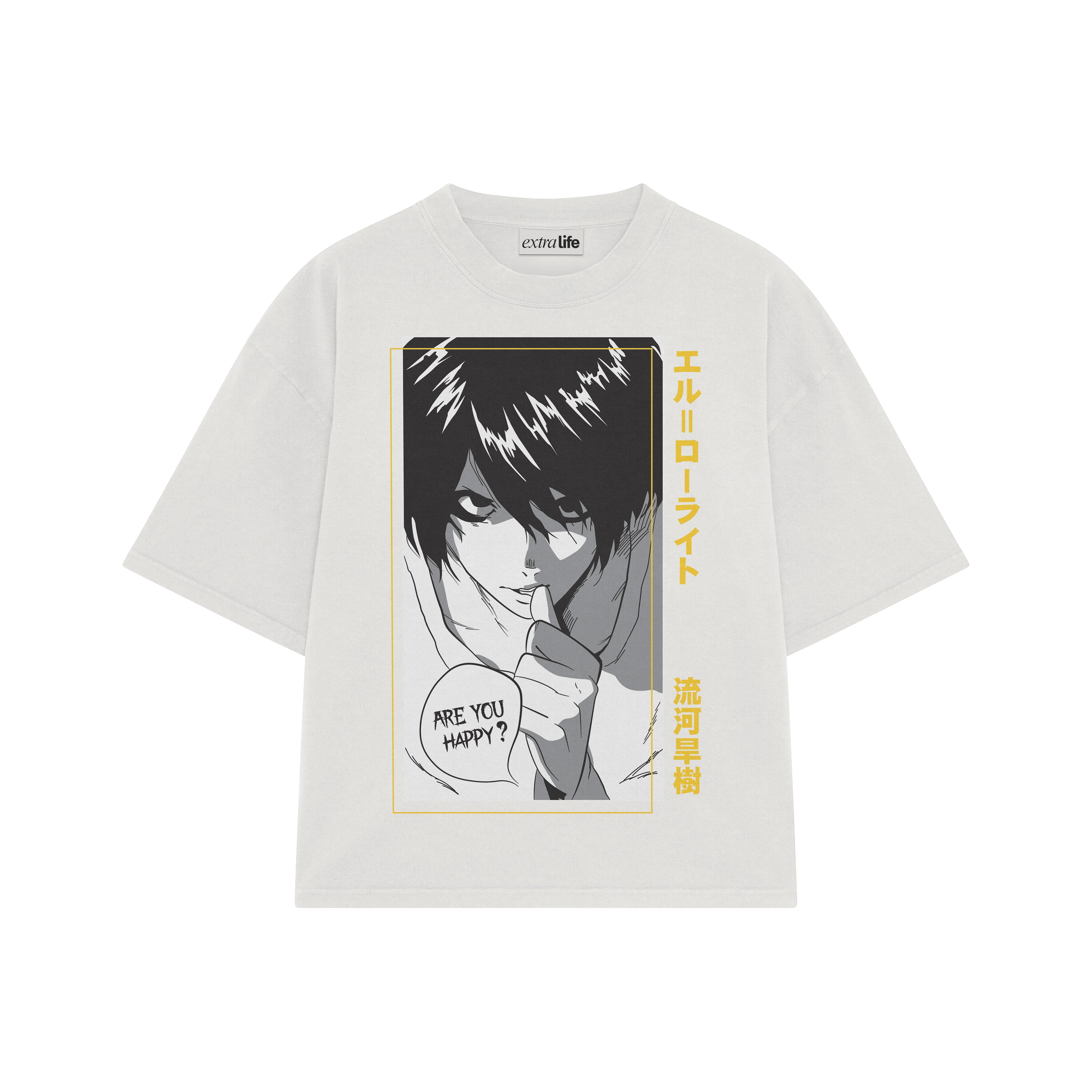 Playera streetwear premium de anime y gaming ExtraLife MX, corte boxy oversized drop shoulder heavyweight en color Deep Black y Off-White, moda urbana mexicana de culto.