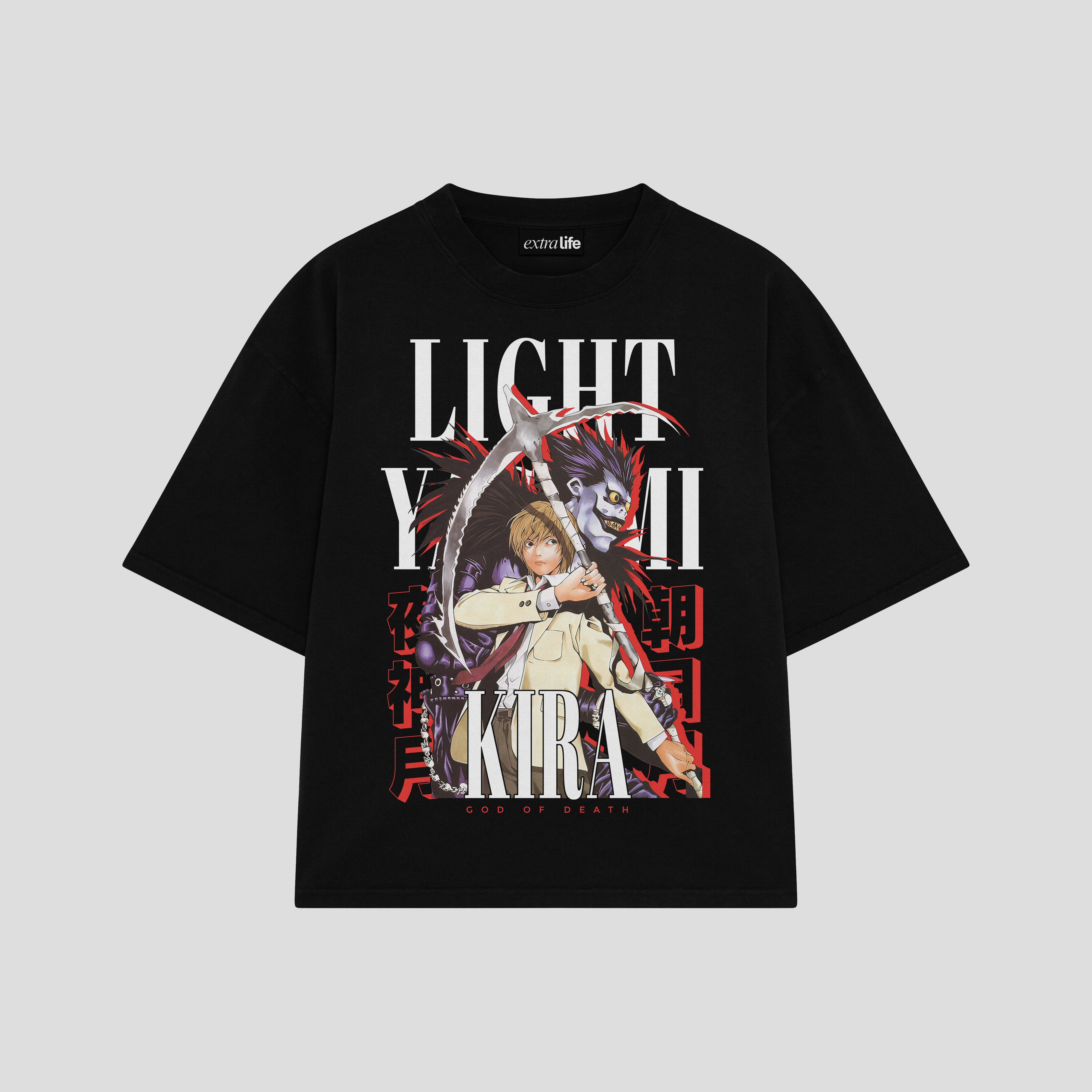 Playera streetwear premium de anime y gaming ExtraLife MX, corte boxy oversized drop shoulder heavyweight en color Deep Black y Off-White, moda urbana mexicana de culto.