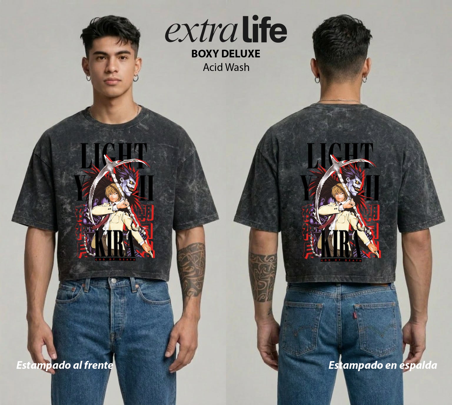 Playera streetwear premium de anime y gaming ExtraLife MX, corte boxy deluxe mineral wash heavyweight en color Acid Wash, moda urbana mexicana de culto.