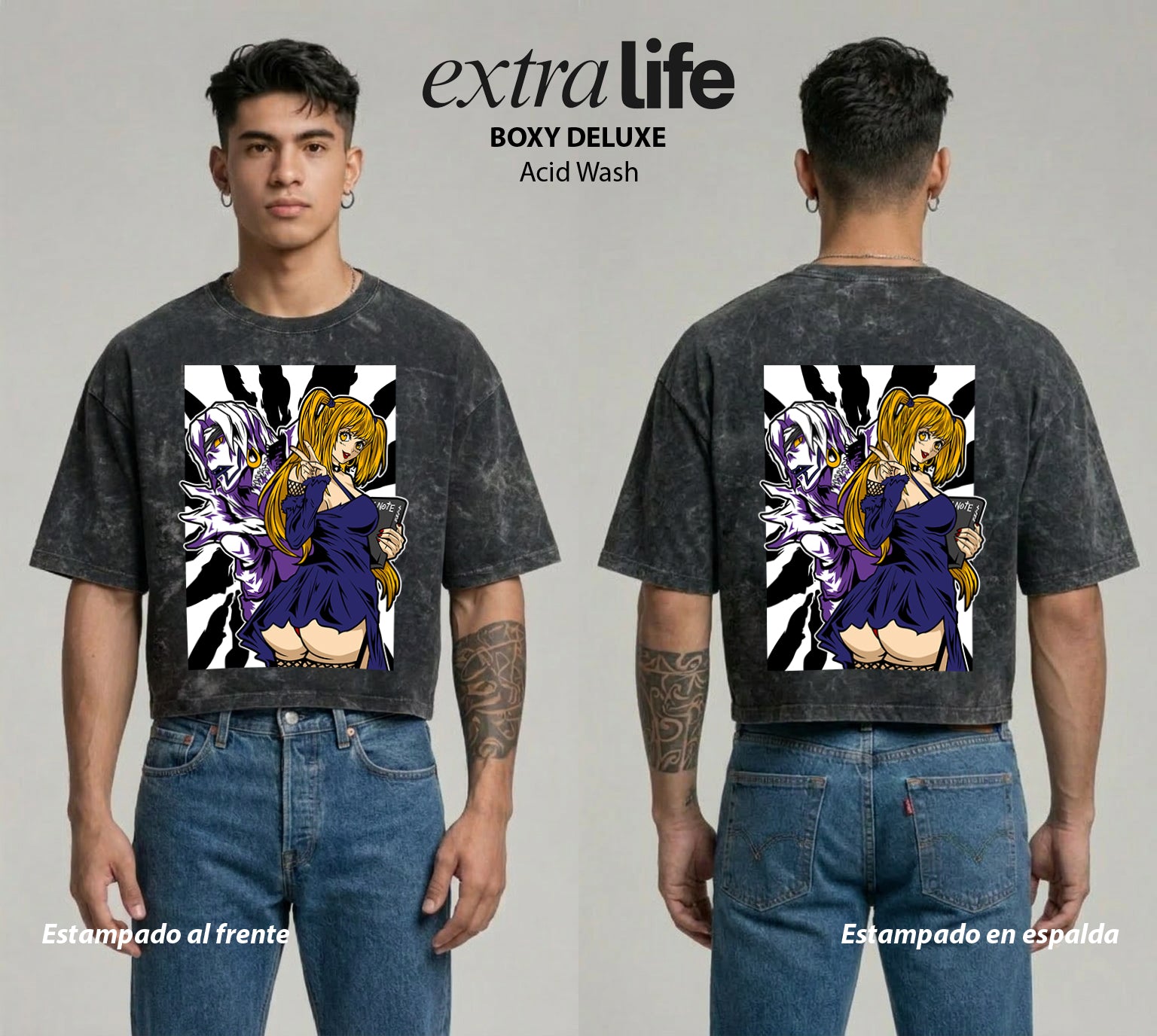 Playera streetwear premium de anime y gaming ExtraLife MX, corte boxy deluxe mineral wash heavyweight en color Acid Wash, moda urbana mexicana de culto.