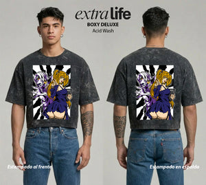 Playera streetwear premium de anime y gaming ExtraLife MX, corte boxy deluxe mineral wash heavyweight en color Acid Wash, moda urbana mexicana de culto.