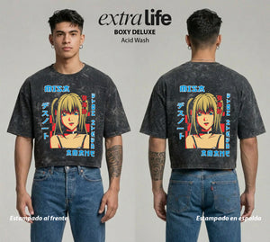 Playera streetwear premium de anime y gaming ExtraLife MX, corte boxy deluxe mineral wash heavyweight en color Acid Wash, moda urbana mexicana de culto.