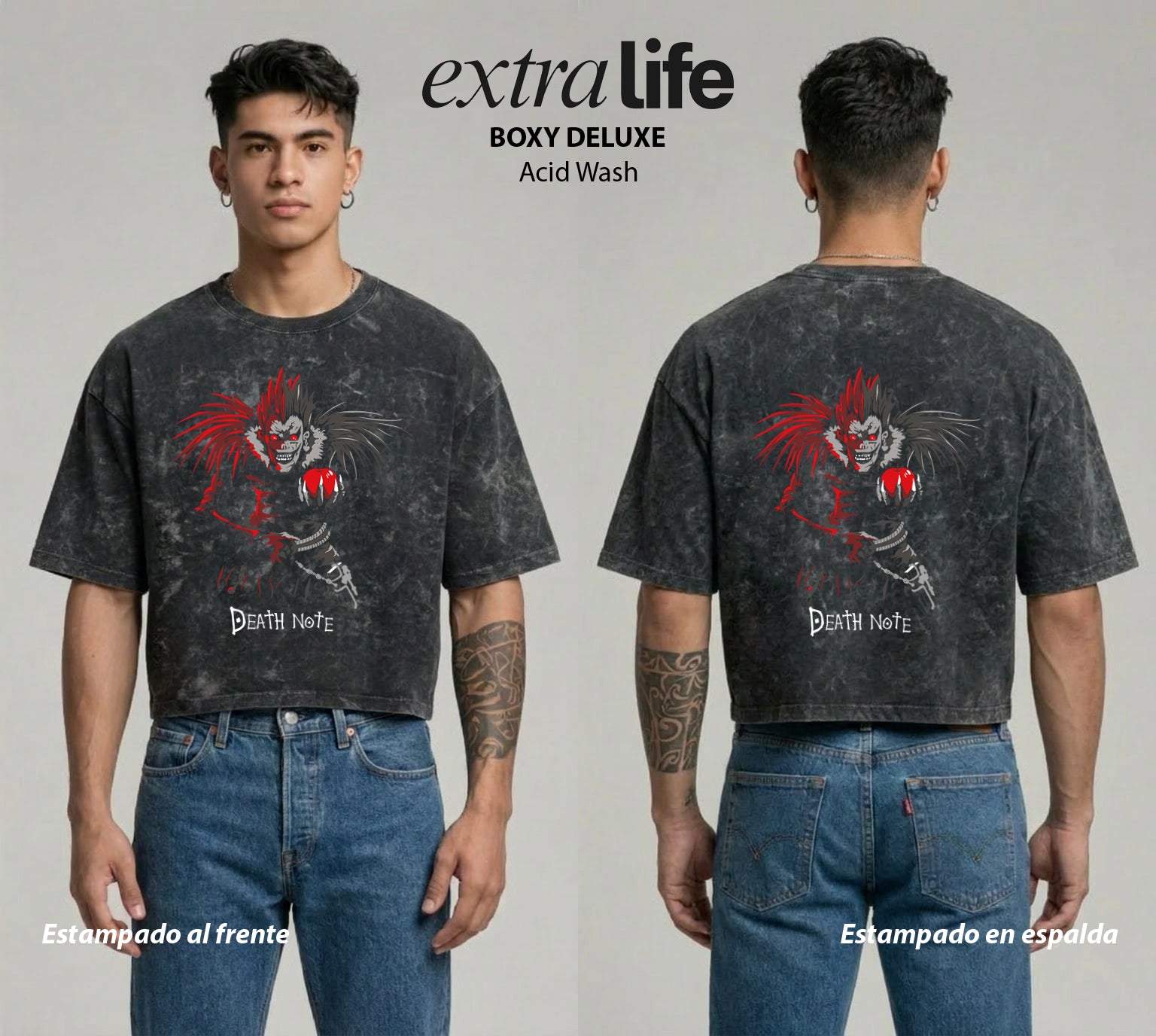 Playera streetwear premium de anime y gaming ExtraLife MX, corte boxy deluxe mineral wash heavyweight en color Acid Wash, moda urbana mexicana de culto.