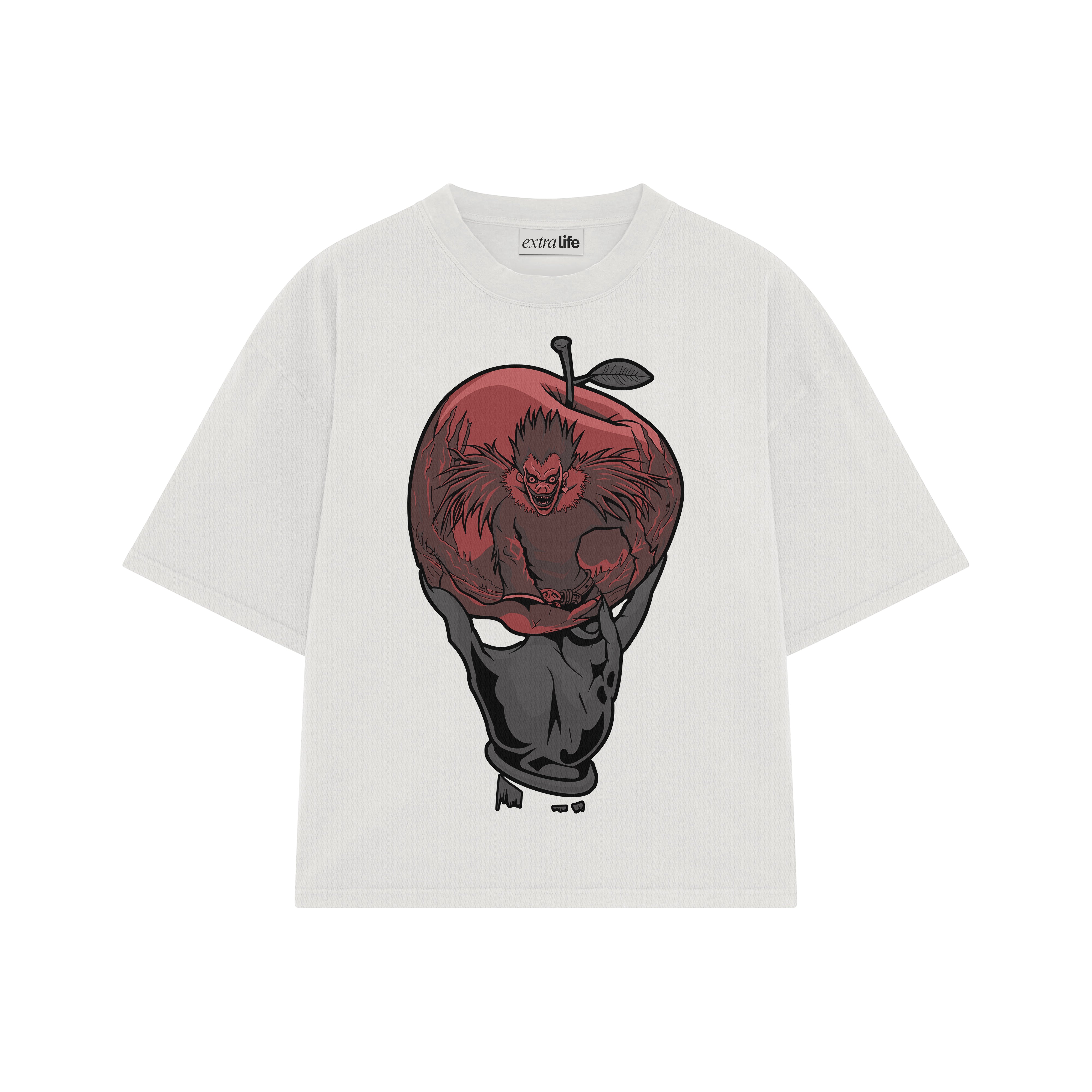 Playera streetwear premium de anime y gaming ExtraLife MX, corte boxy oversized drop shoulder heavyweight en color Deep Black y Off-White, moda urbana mexicana de culto.