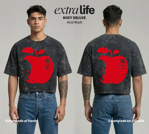 Playera streetwear premium de anime y gaming ExtraLife MX, corte boxy deluxe mineral wash heavyweight en color Acid Wash, moda urbana mexicana de culto.