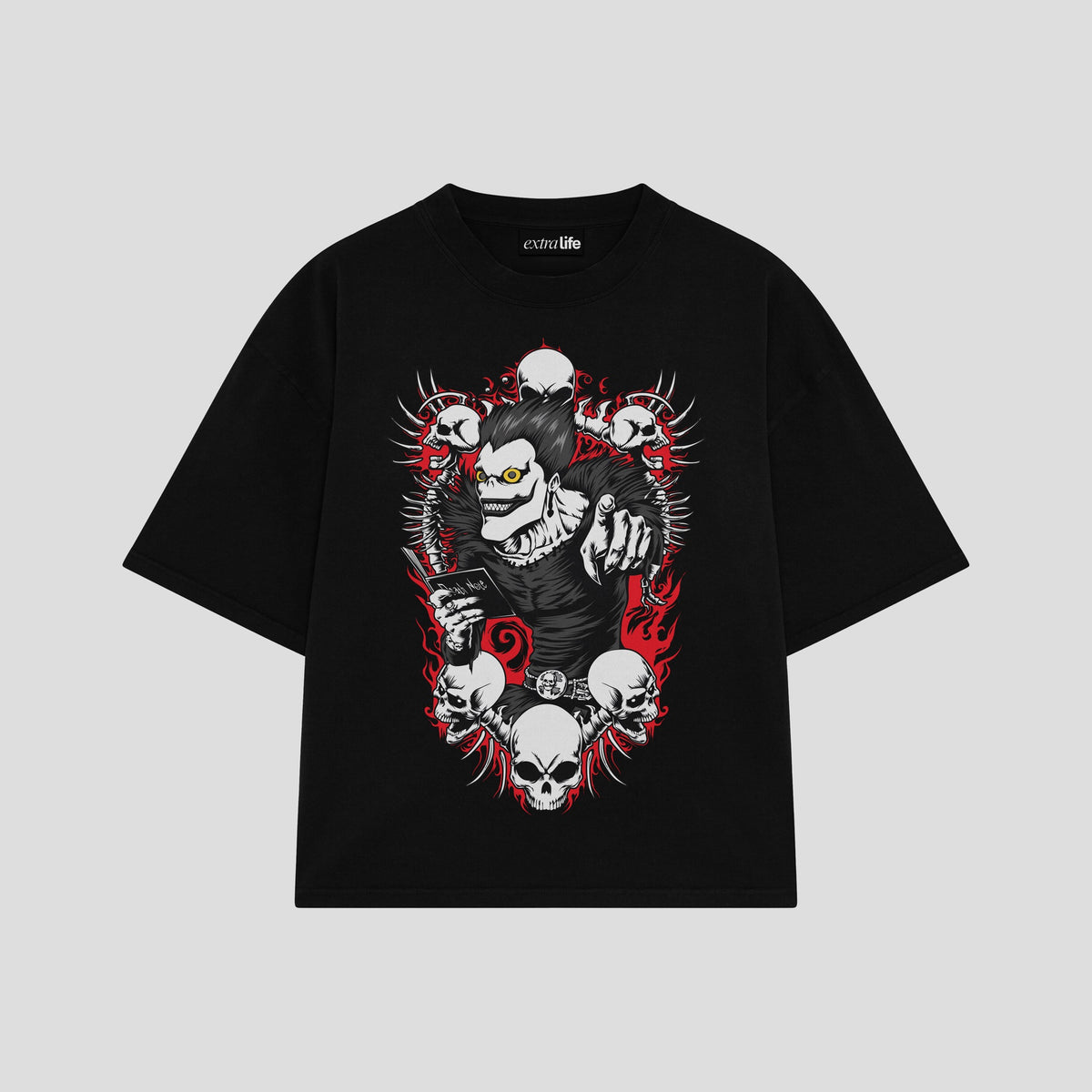 Playera streetwear premium de anime y gaming ExtraLife MX, corte oversized drop shoulder ligero y fresco en color Deep Black y Off-White, moda urbana mexicana de culto.