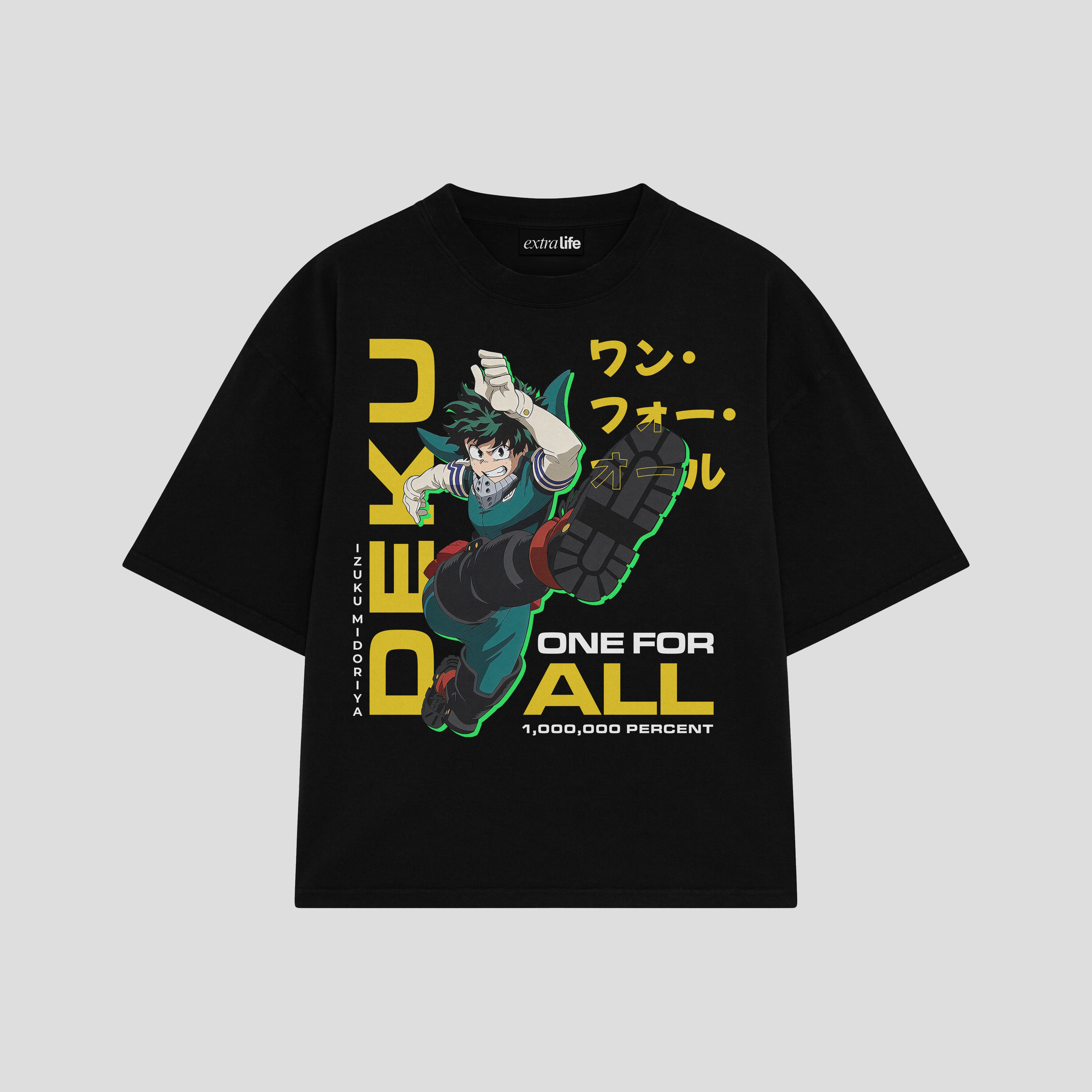 Playera streetwear premium de anime y gaming ExtraLife MX, corte boxy oversized drop shoulder heavyweight en color Deep Black y Off-White, moda urbana mexicana de culto.