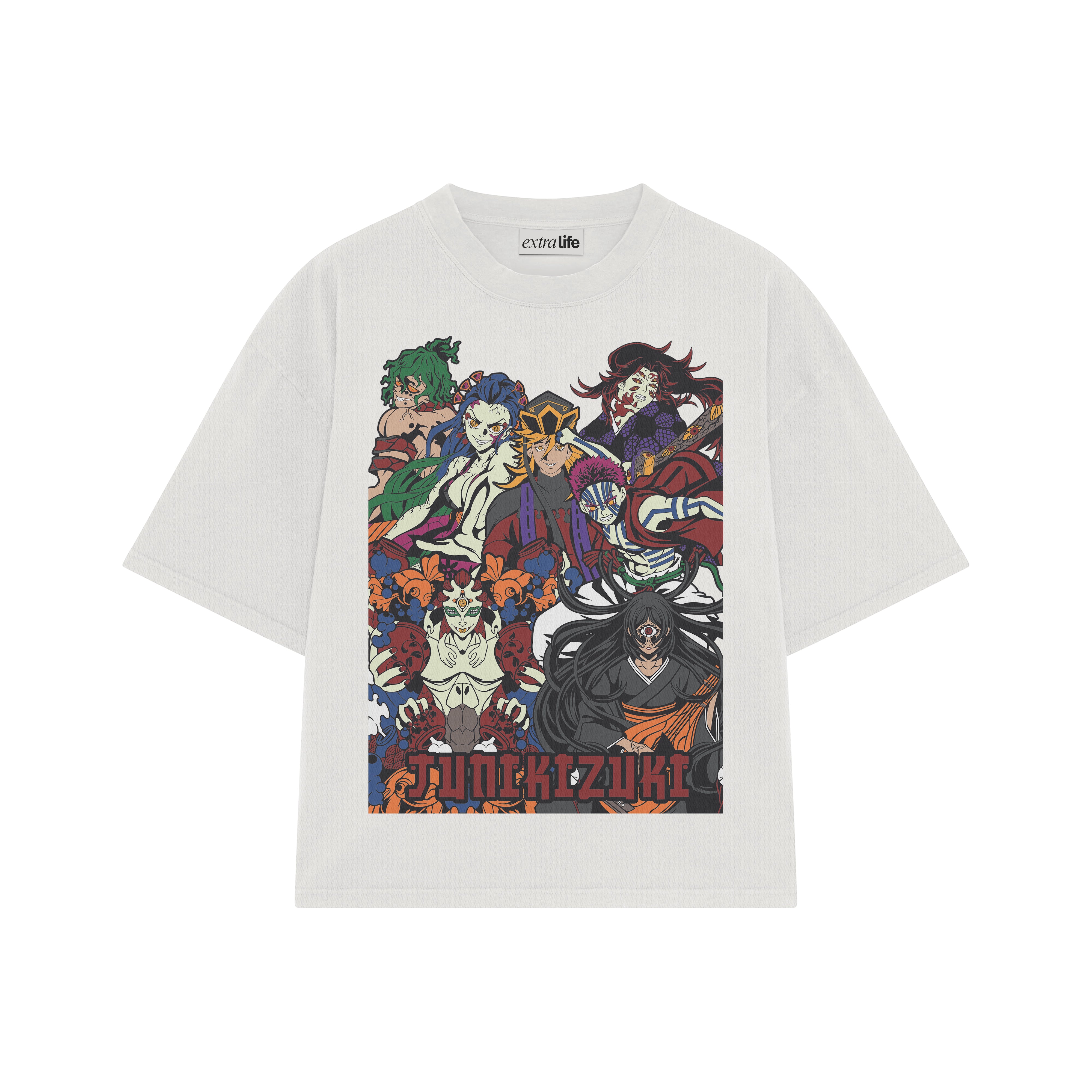 Playera streetwear premium de anime y gaming ExtraLife MX, corte boxy oversized drop shoulder heavyweight en color Deep Black y Off-White, moda urbana mexicana de culto.