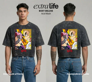 Playera streetwear premium de anime y gaming ExtraLife MX, corte boxy deluxe mineral wash heavyweight en color Acid Wash, moda urbana mexicana de culto.