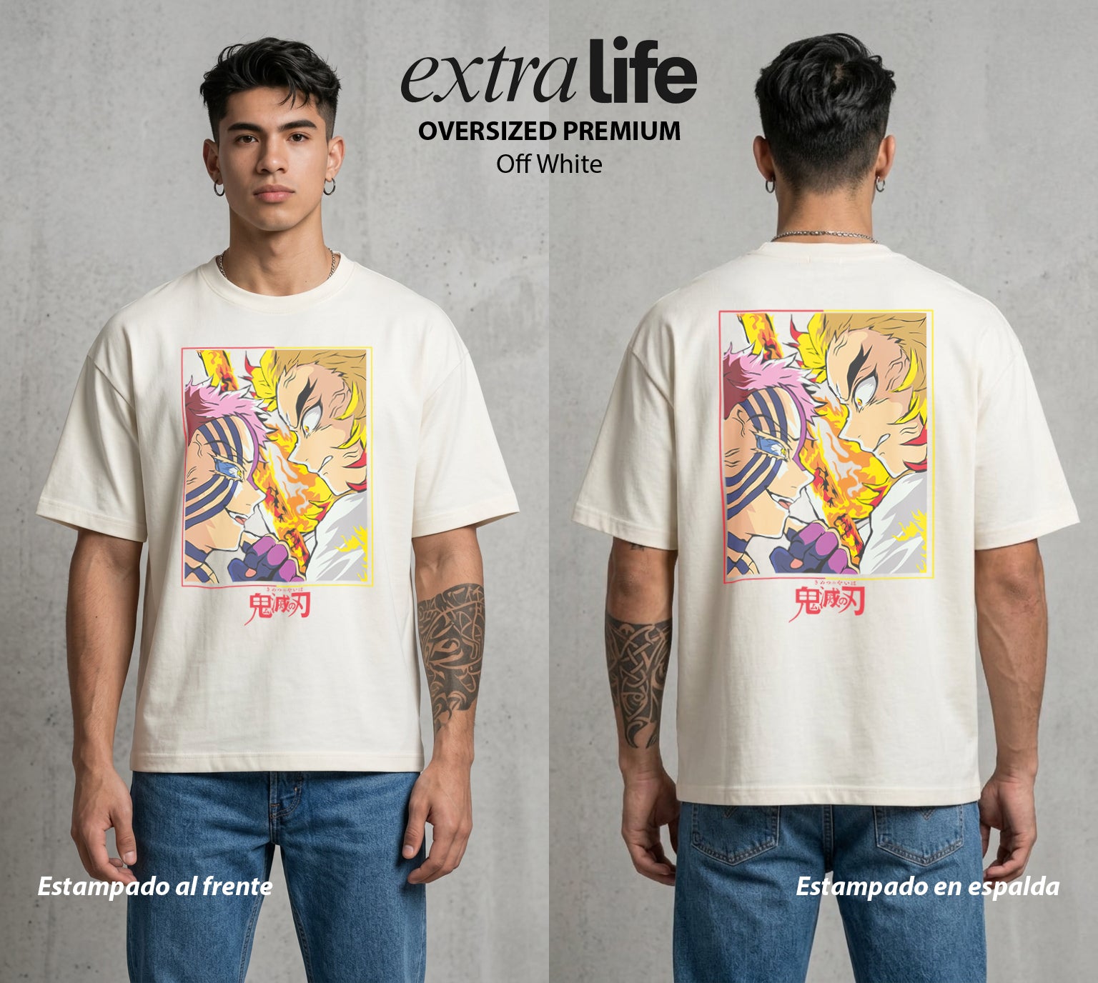 Cazadores de la Noche | El Pillar de las Llamas #00959 - Playera Oversized Premium | Off White - Foto en modelo