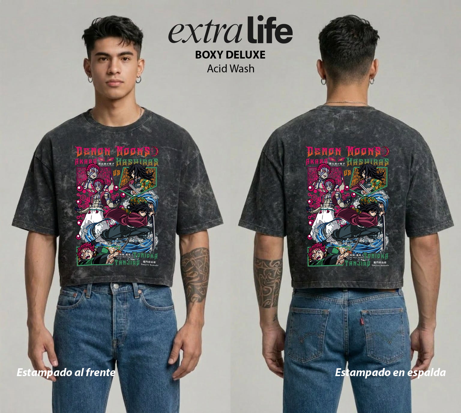 Playera streetwear premium de anime y gaming ExtraLife MX, corte boxy deluxe mineral wash heavyweight en color Acid Wash, moda urbana mexicana de culto.