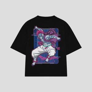 Playera streetwear premium de anime y gaming ExtraLife MX, corte boxy oversized drop shoulder heavyweight en color Deep Black y Off-White, moda urbana mexicana de culto.
