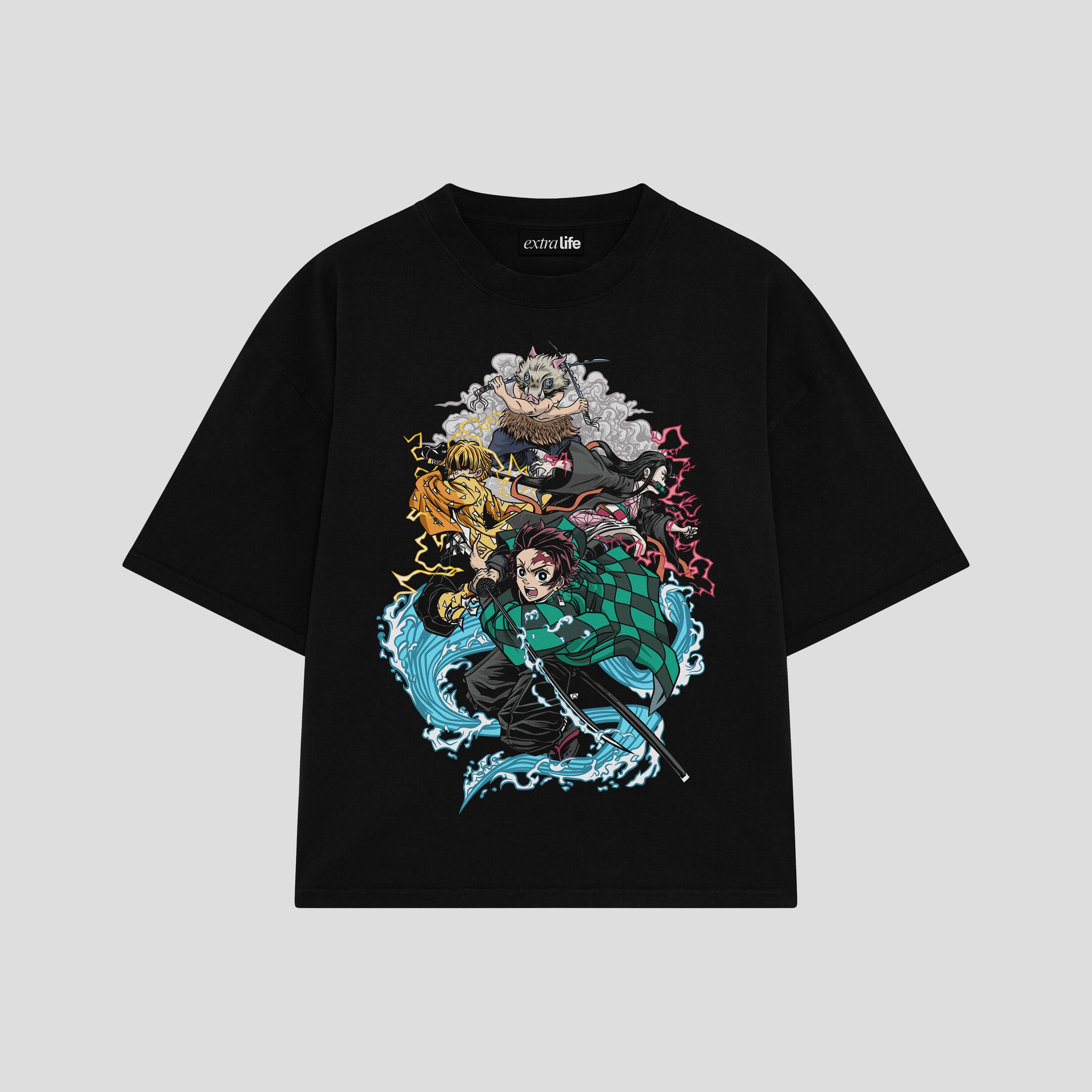 Playera streetwear premium de anime y gaming ExtraLife MX, corte boxy oversized drop shoulder heavyweight en color Deep Black y Off-White, moda urbana mexicana de culto.