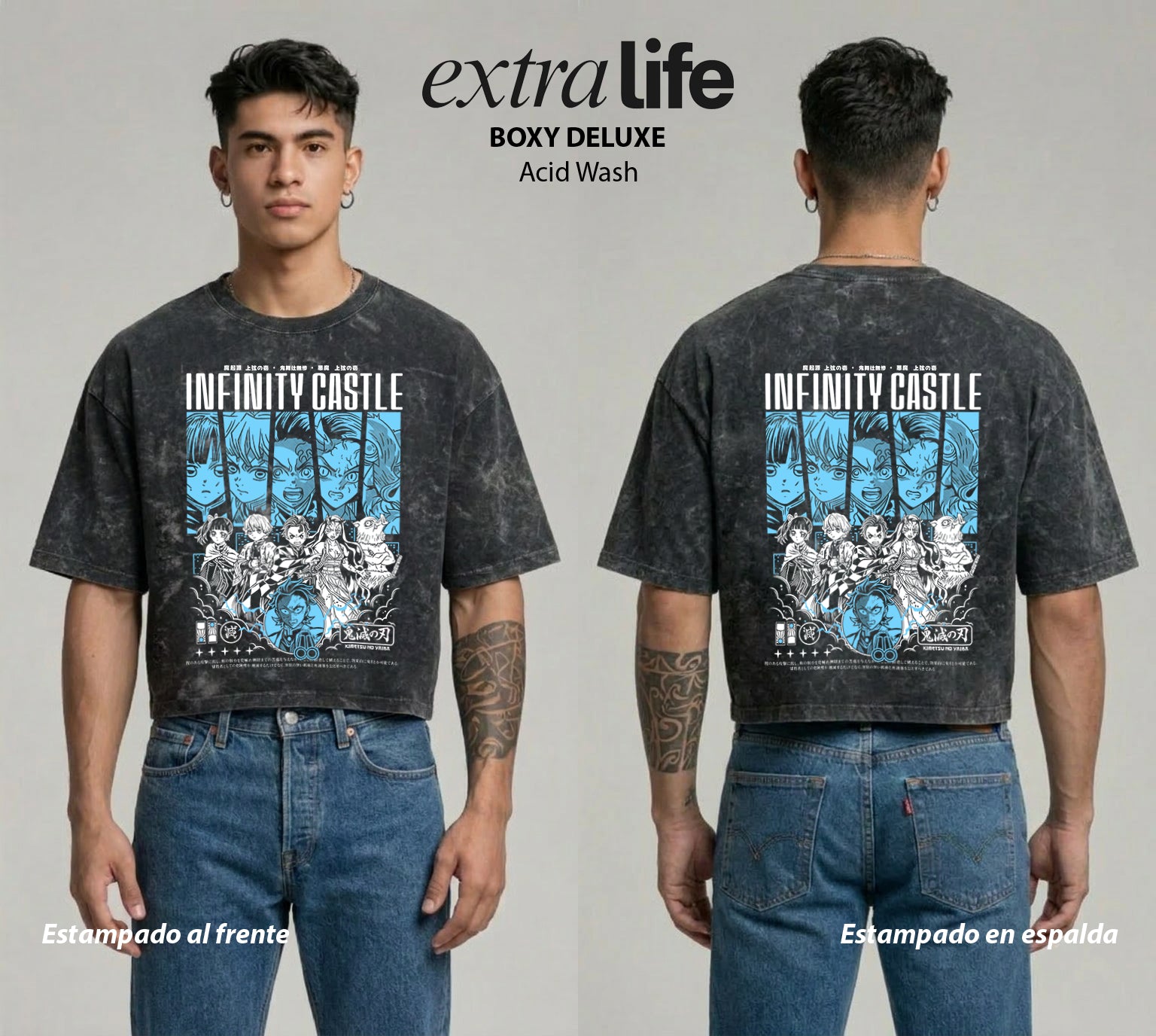 Playera streetwear premium de anime y gaming ExtraLife MX, corte boxy deluxe mineral wash heavyweight en color Acid Wash, moda urbana mexicana de culto.