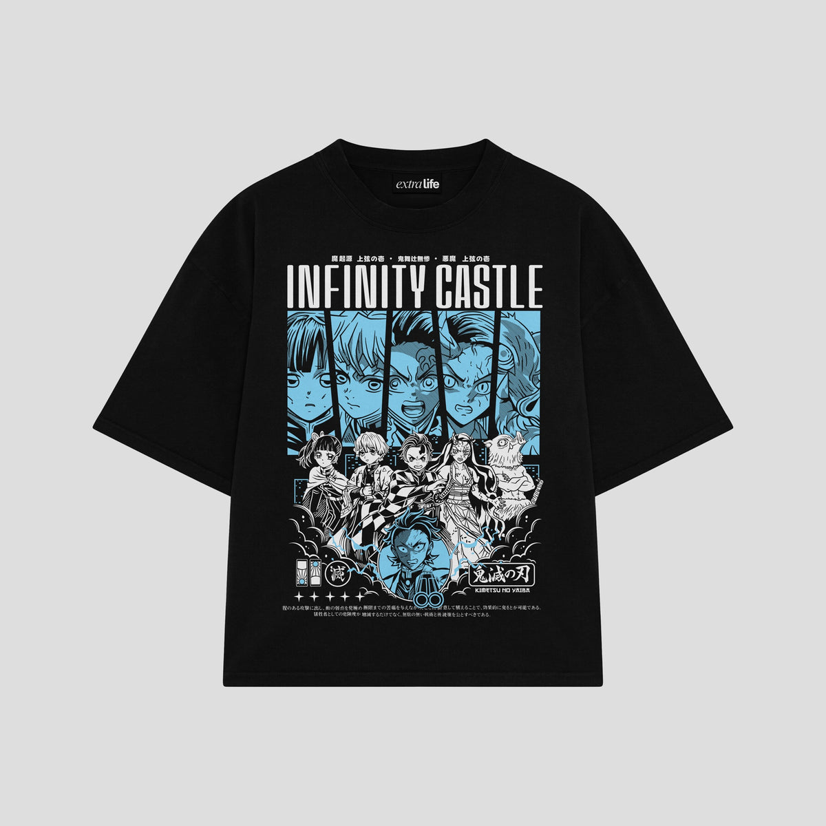 Playera streetwear premium de anime y gaming ExtraLife MX, corte oversized drop shoulder ligero y fresco en color Deep Black y Off-White, moda urbana mexicana de culto.