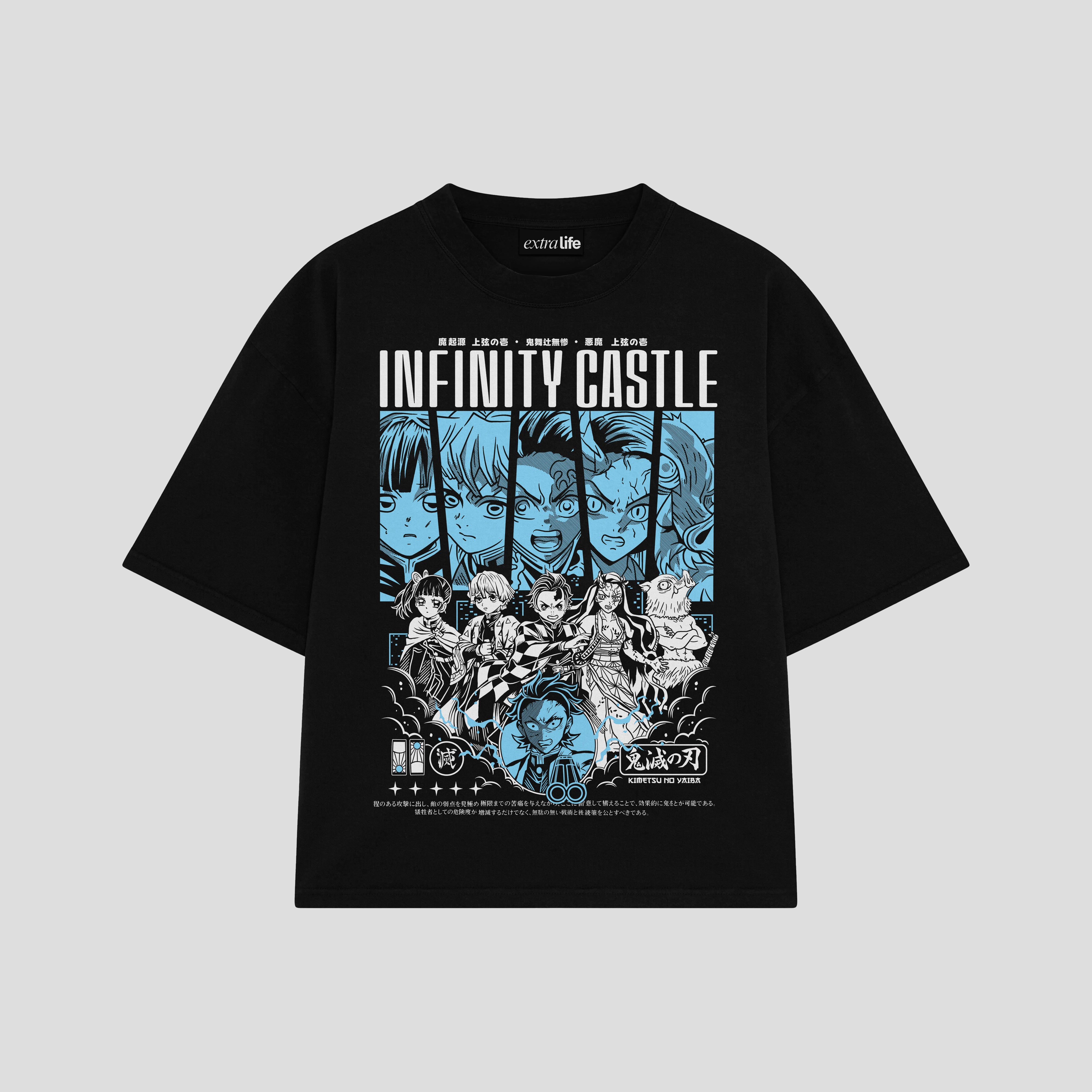Playera streetwear premium de anime y gaming ExtraLife MX, corte boxy oversized drop shoulder heavyweight en color Deep Black y Off-White, moda urbana mexicana de culto.