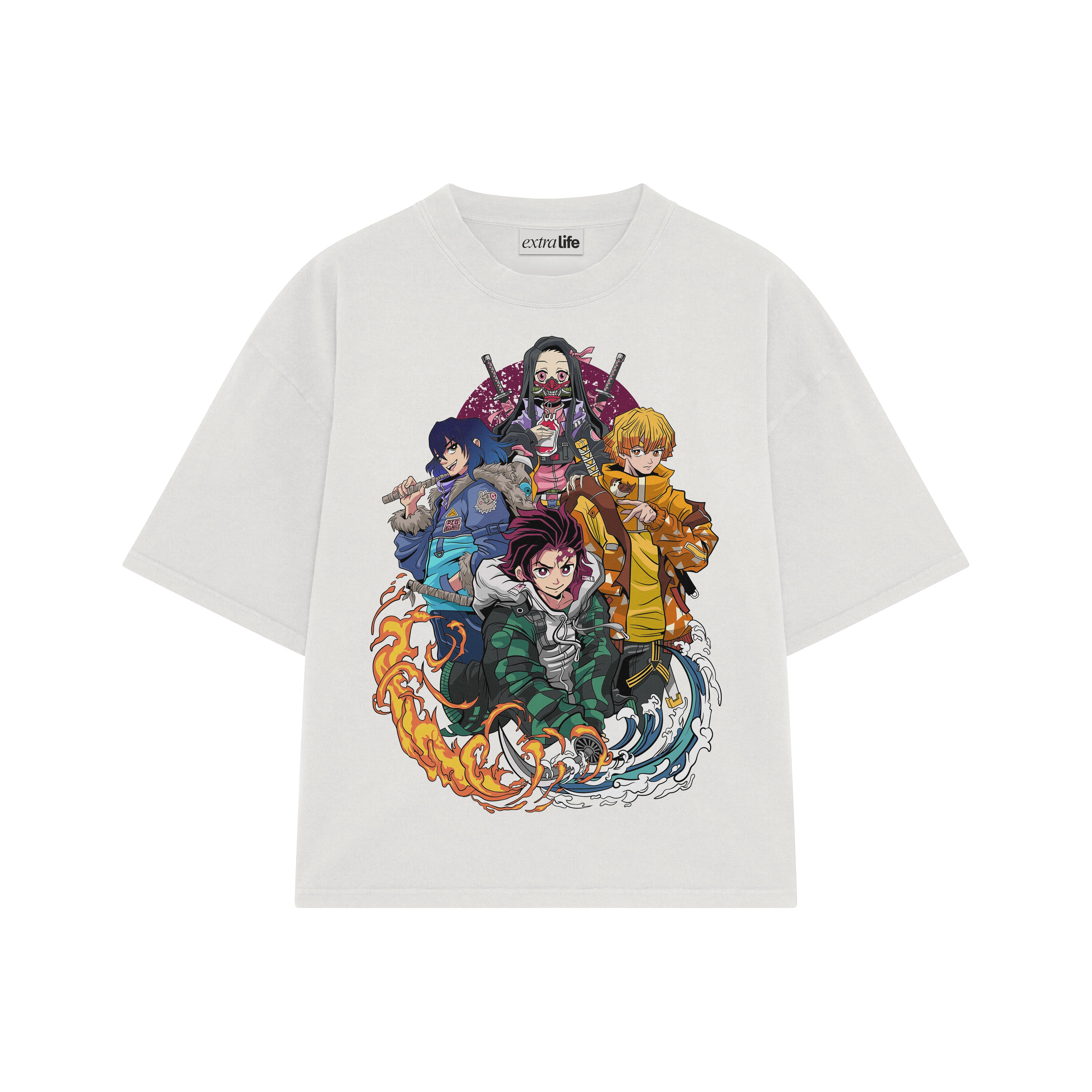 Playera streetwear premium de anime y gaming ExtraLife MX, corte boxy oversized drop shoulder heavyweight en color Deep Black y Off-White, moda urbana mexicana de culto.