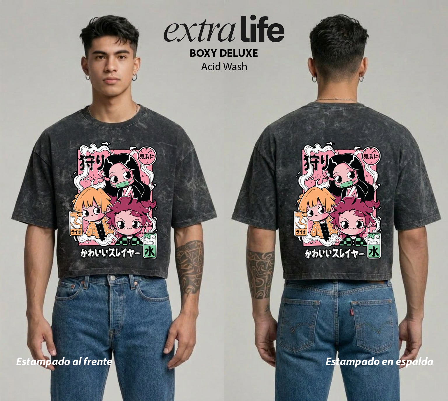 Playera streetwear premium de anime y gaming ExtraLife MX, corte boxy deluxe mineral wash heavyweight en color Acid Wash, moda urbana mexicana de culto.