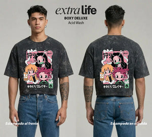 Playera streetwear premium de anime y gaming ExtraLife MX, corte boxy deluxe mineral wash heavyweight en color Acid Wash, moda urbana mexicana de culto.