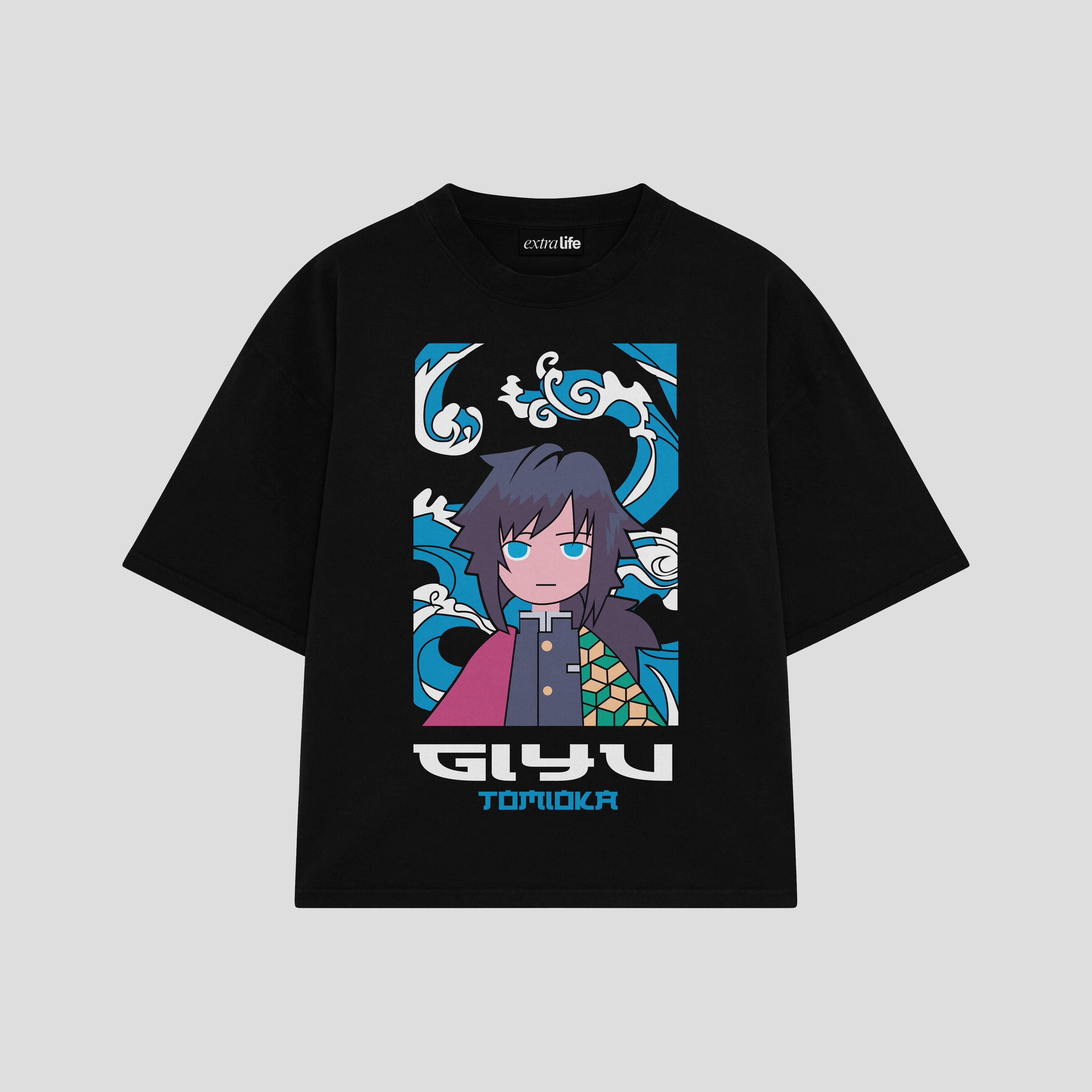 Playera streetwear premium de anime y gaming ExtraLife MX, corte boxy oversized drop shoulder heavyweight en color Deep Black y Off-White, moda urbana mexicana de culto.