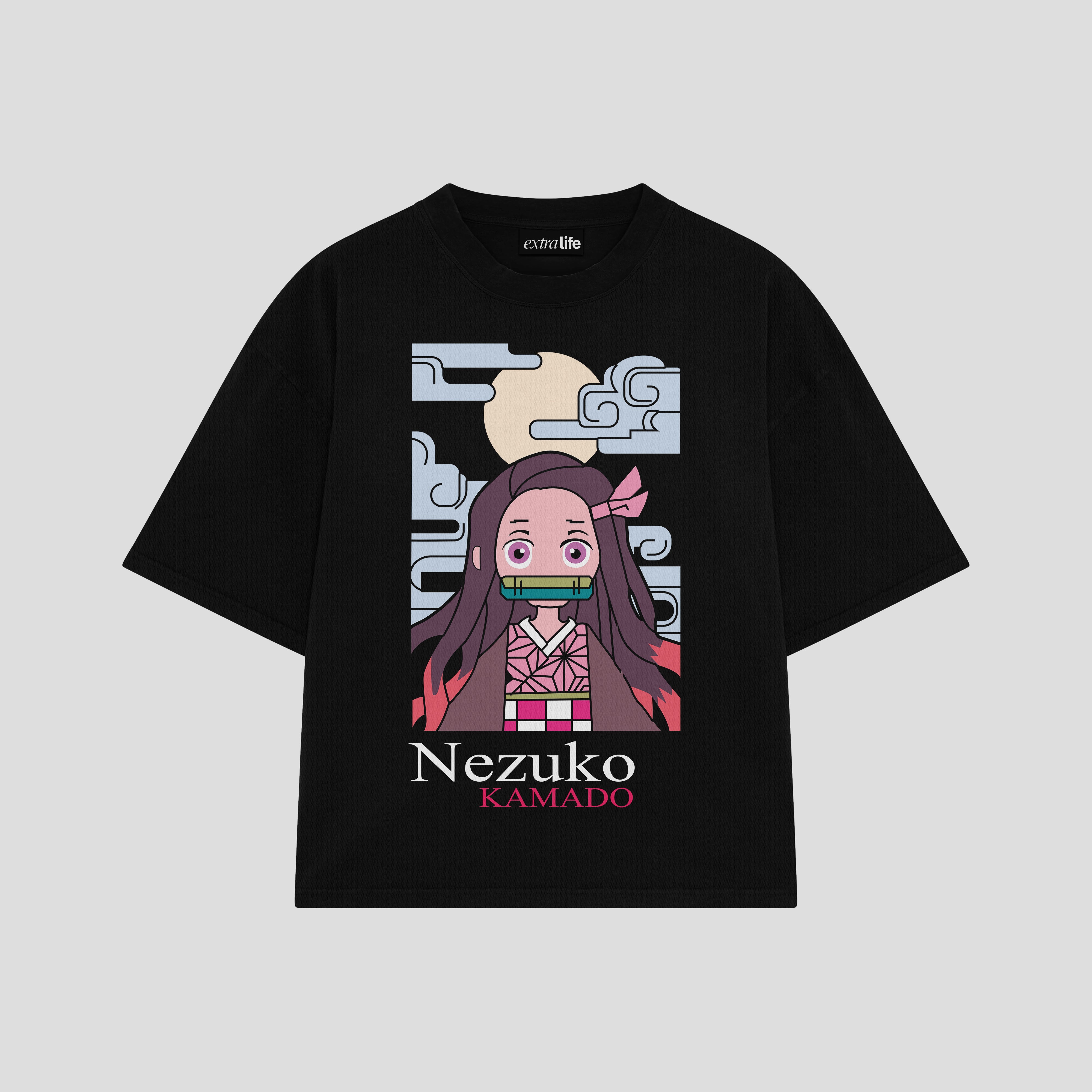 Playera streetwear premium de anime y gaming ExtraLife MX, corte boxy oversized drop shoulder heavyweight en color Deep Black y Off-White, moda urbana mexicana de culto.