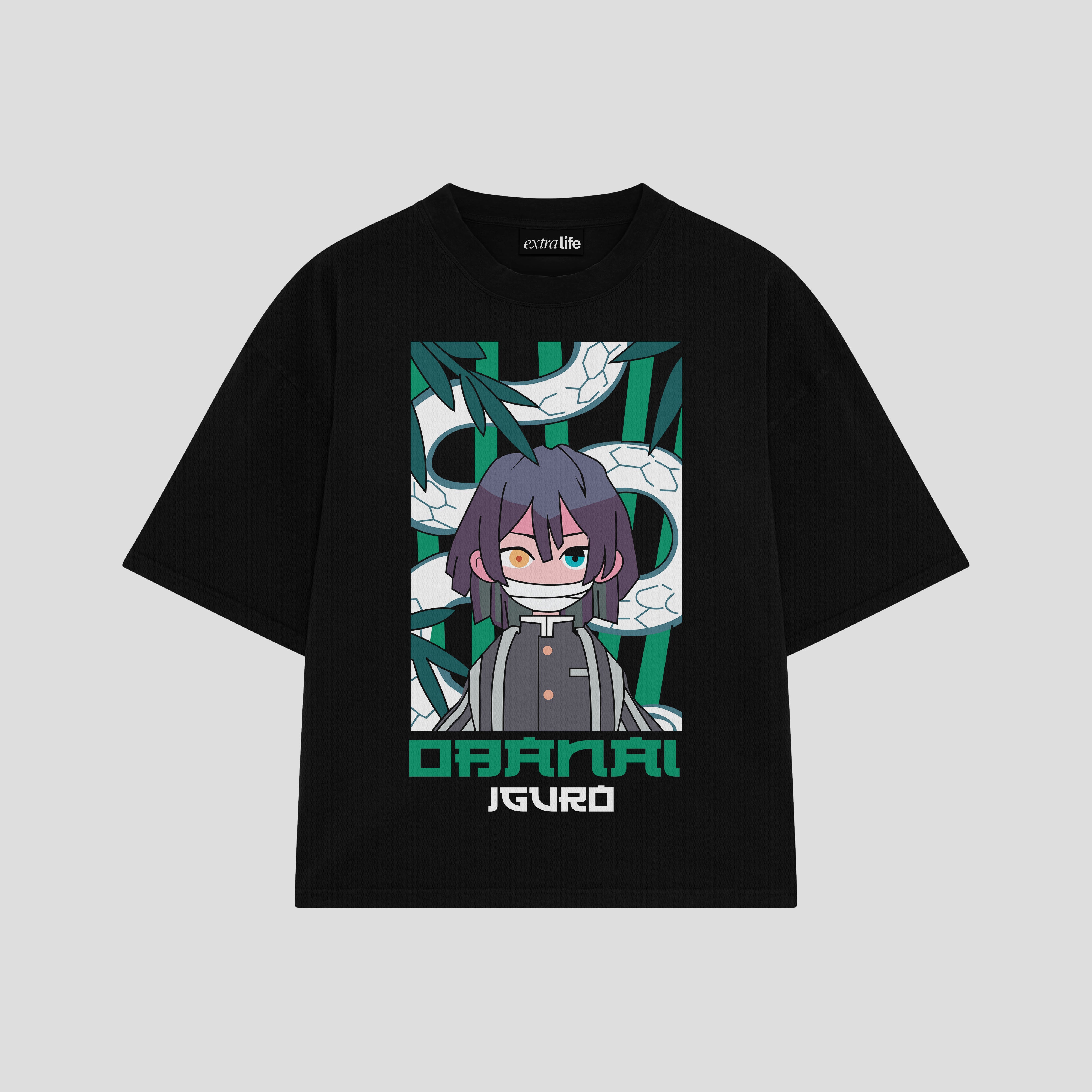Playera streetwear premium de anime y gaming ExtraLife MX, corte boxy oversized drop shoulder heavyweight en color Deep Black y Off-White, moda urbana mexicana de culto.