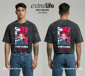 Playera streetwear premium de anime y gaming ExtraLife MX, corte boxy deluxe mineral wash heavyweight en color Acid Wash, moda urbana mexicana de culto.