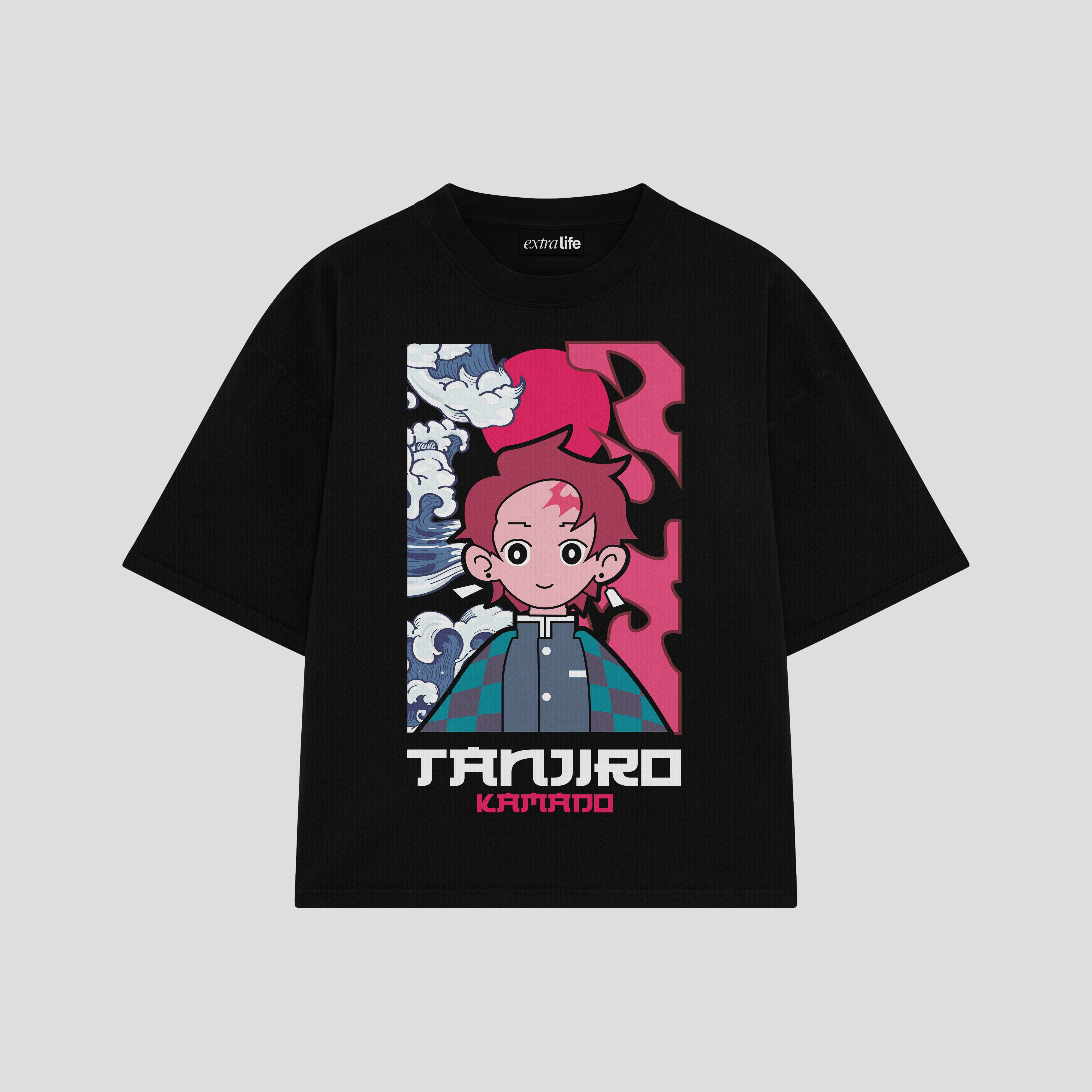 Playera streetwear premium de anime y gaming ExtraLife MX, corte boxy oversized drop shoulder heavyweight en color Deep Black y Off-White, moda urbana mexicana de culto.