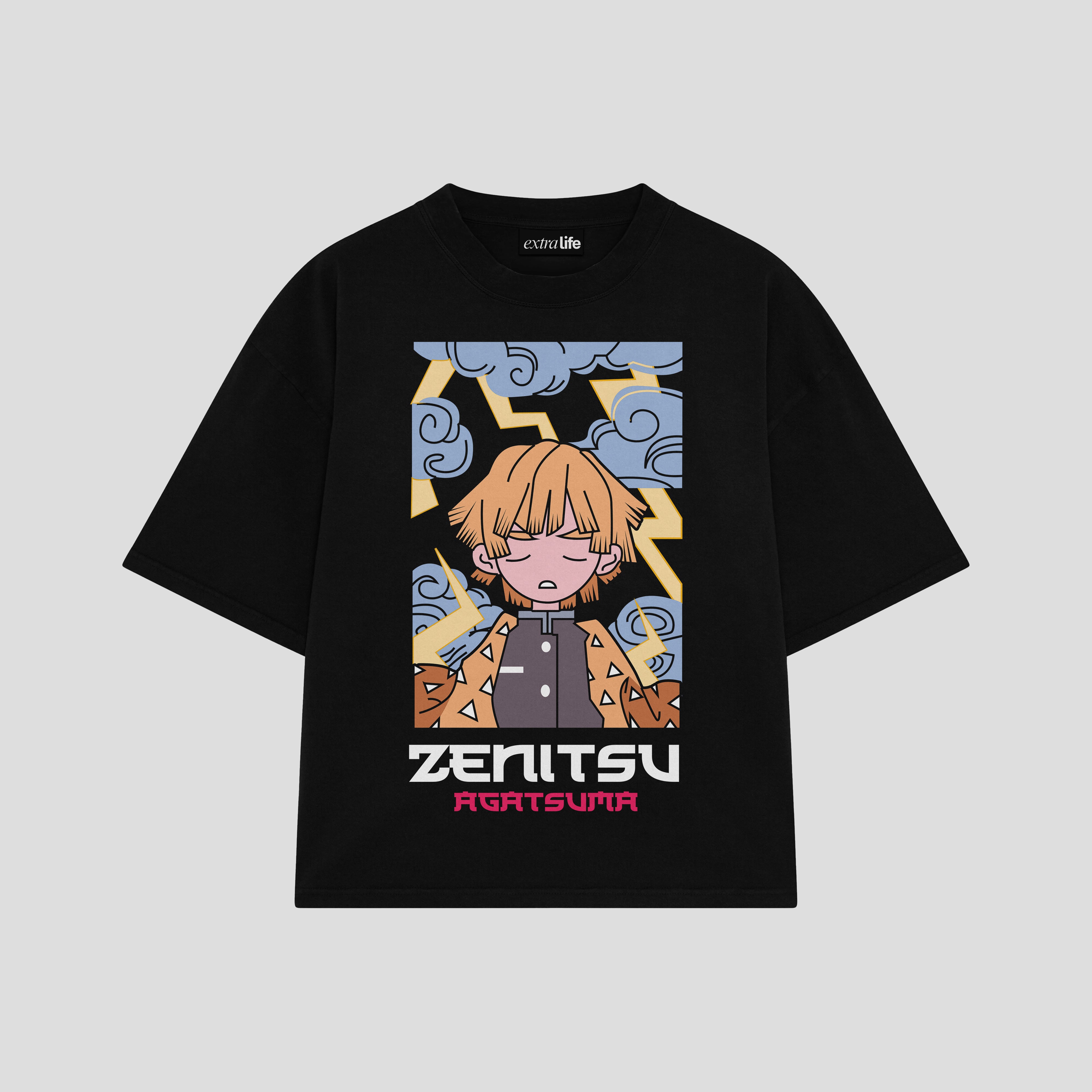 Playera streetwear premium de anime y gaming ExtraLife MX, corte boxy oversized drop shoulder heavyweight en color Deep Black y Off-White, moda urbana mexicana de culto.