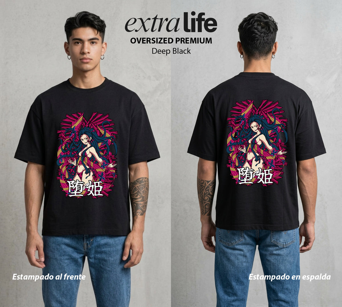 Cazadores de la Noche | La Demonia de Seis Lunas #00991 - Playera Oversized Premium | Deep Black - Foto en modelo