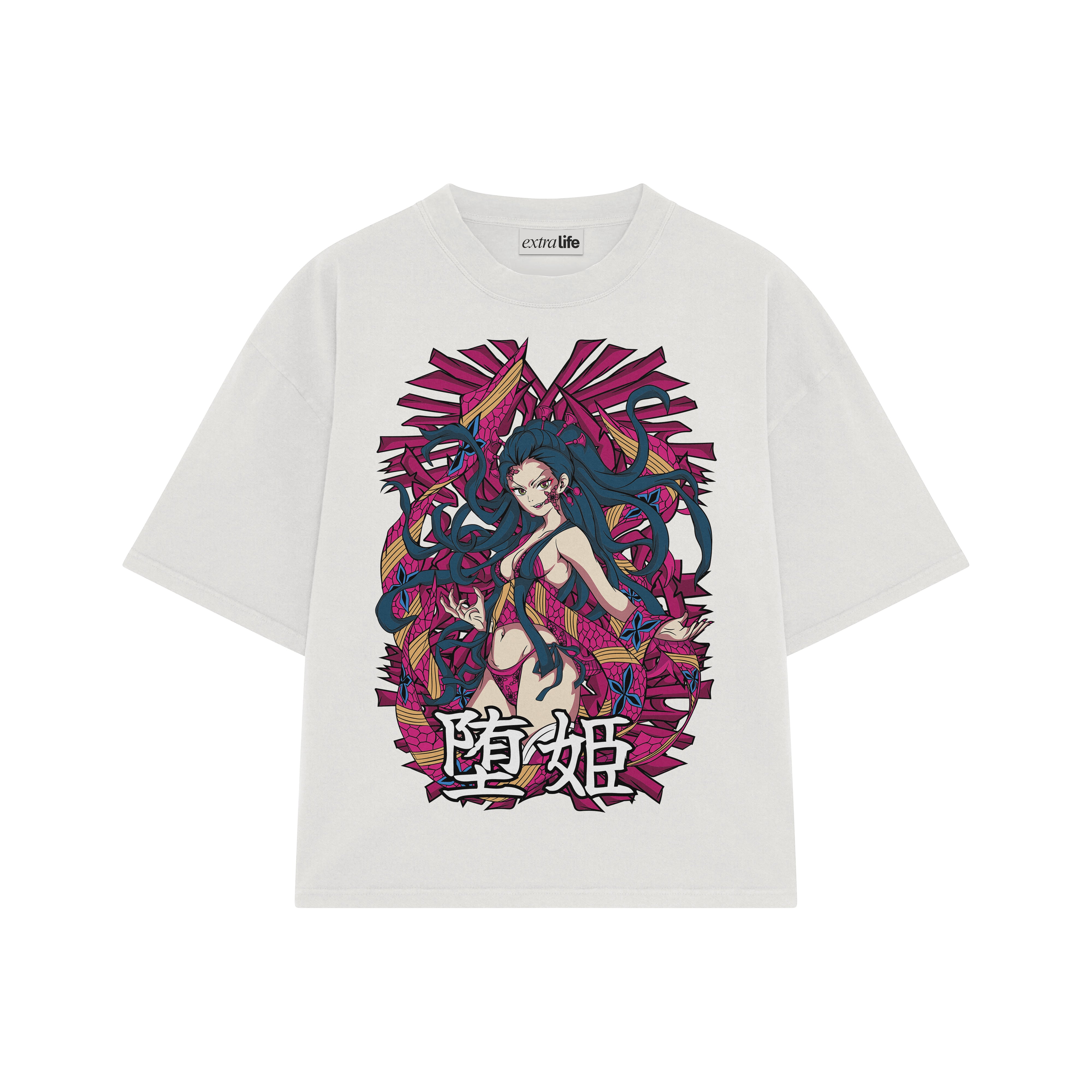 Playera streetwear premium de anime y gaming ExtraLife MX, corte boxy oversized drop shoulder heavyweight en color Deep Black y Off-White, moda urbana mexicana de culto.