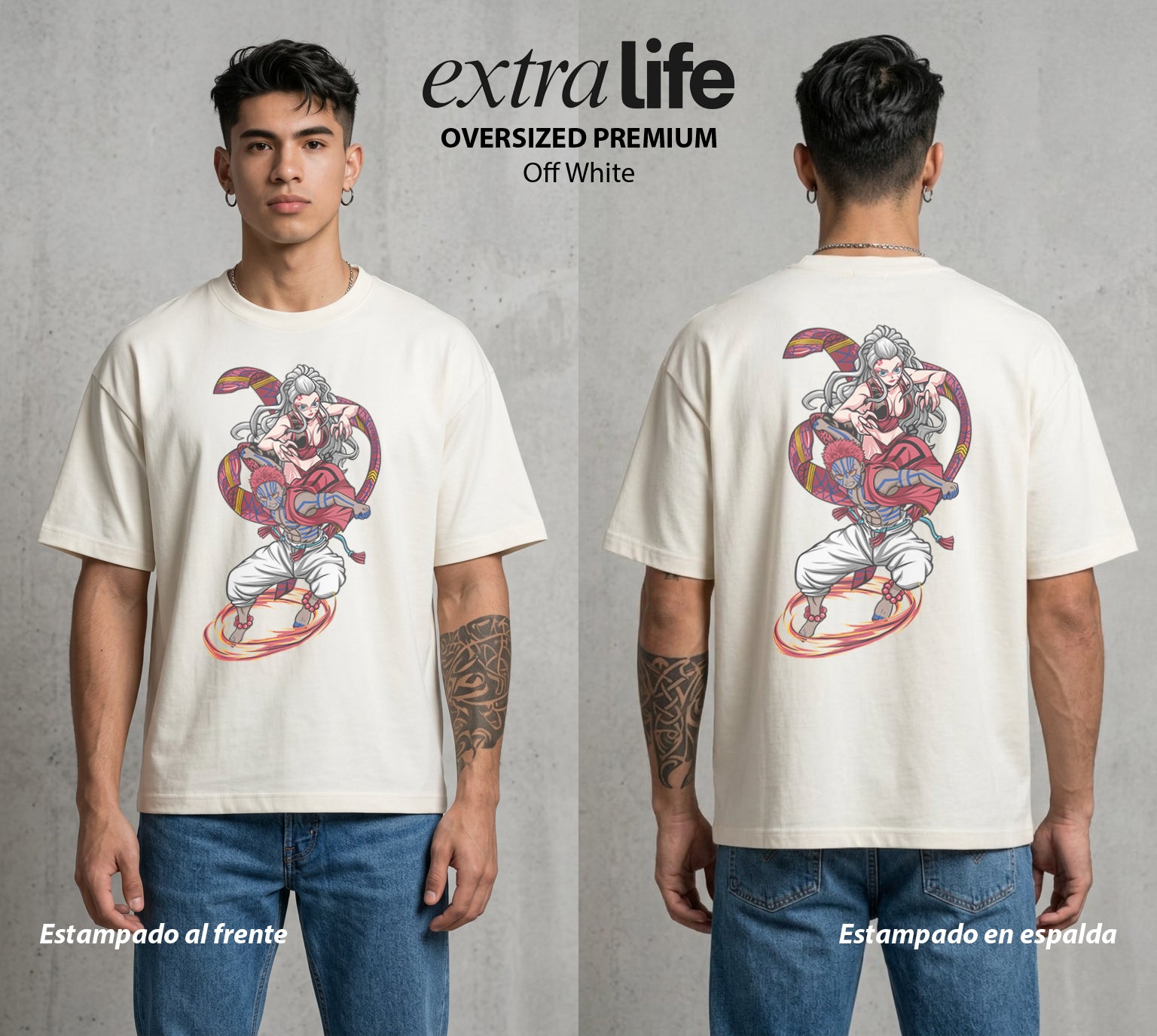 Cazadores de la Noche | El Demonio del Amanecer #00992 - Playera Oversized Premium | Off White - Foto en modelo