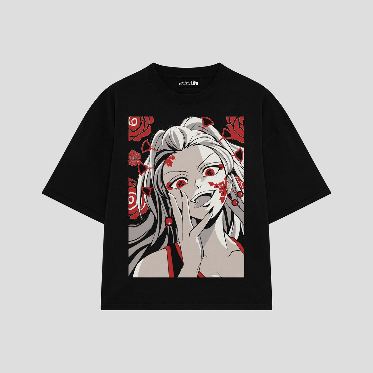 Playera streetwear premium de anime y gaming ExtraLife MX, corte oversized drop shoulder ligero y fresco en color Deep Black y Off-White, moda urbana mexicana de culto.