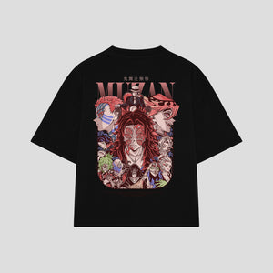 Playera streetwear premium de anime y gaming ExtraLife MX, corte boxy oversized drop shoulder heavyweight en color Deep Black y Off-White, moda urbana mexicana de culto.