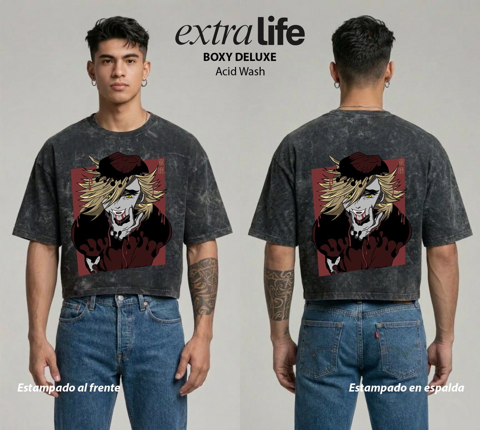 Playera streetwear premium de anime y gaming ExtraLife MX, corte boxy deluxe mineral wash heavyweight en color Acid Wash, moda urbana mexicana de culto.