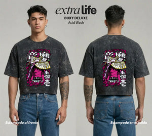 Playera streetwear premium de anime y gaming ExtraLife MX, corte boxy deluxe mineral wash heavyweight en color Acid Wash, moda urbana mexicana de culto.