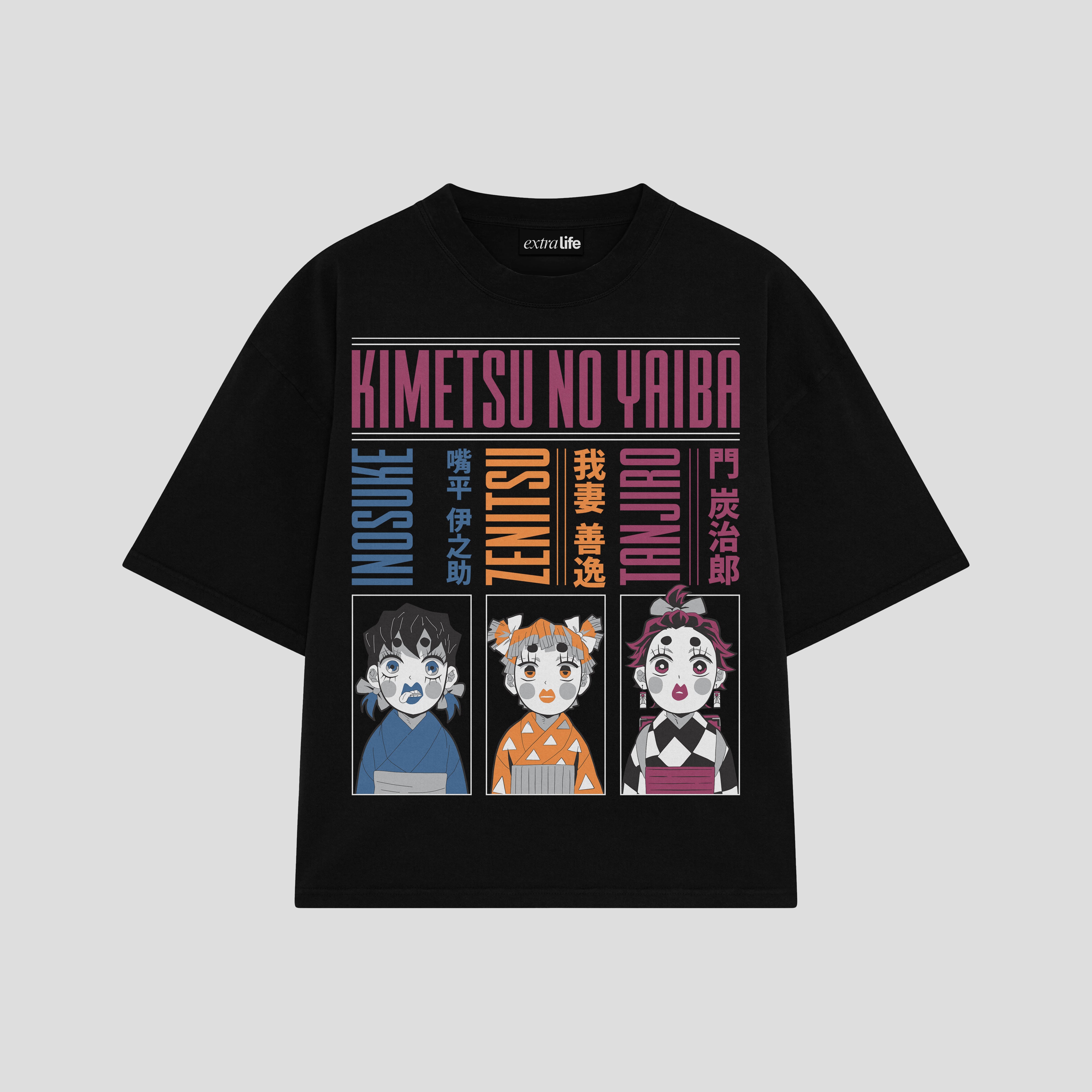 Playera streetwear premium de anime y gaming ExtraLife MX, corte boxy oversized drop shoulder heavyweight en color Deep Black y Off-White, moda urbana mexicana de culto.
