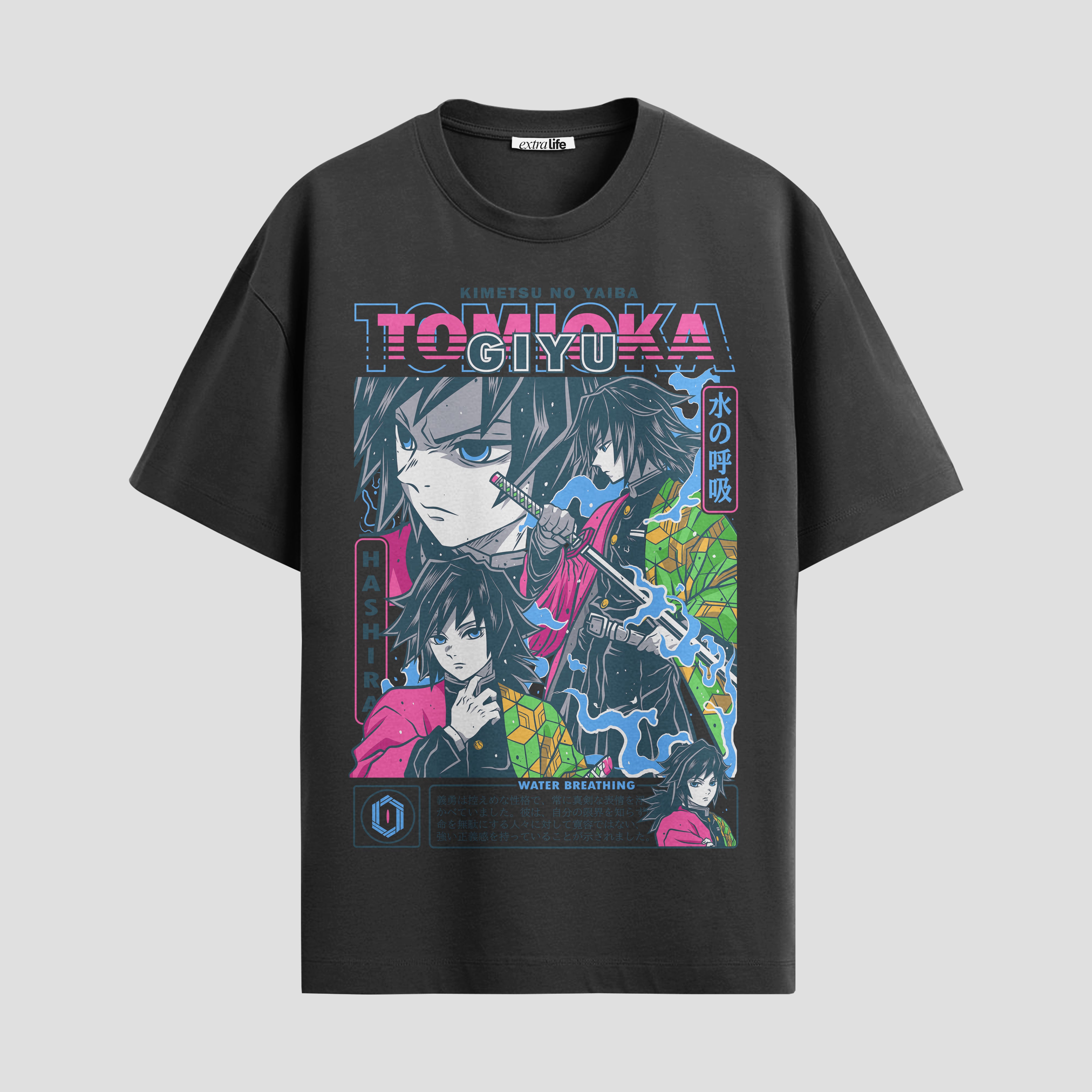 Playera urbana de anime y gaming ExtraLife MX, corte Standard Fit unisex ligero y transpirable en color Deep Black y Pure White, ropa de uso diario para gym y casual.