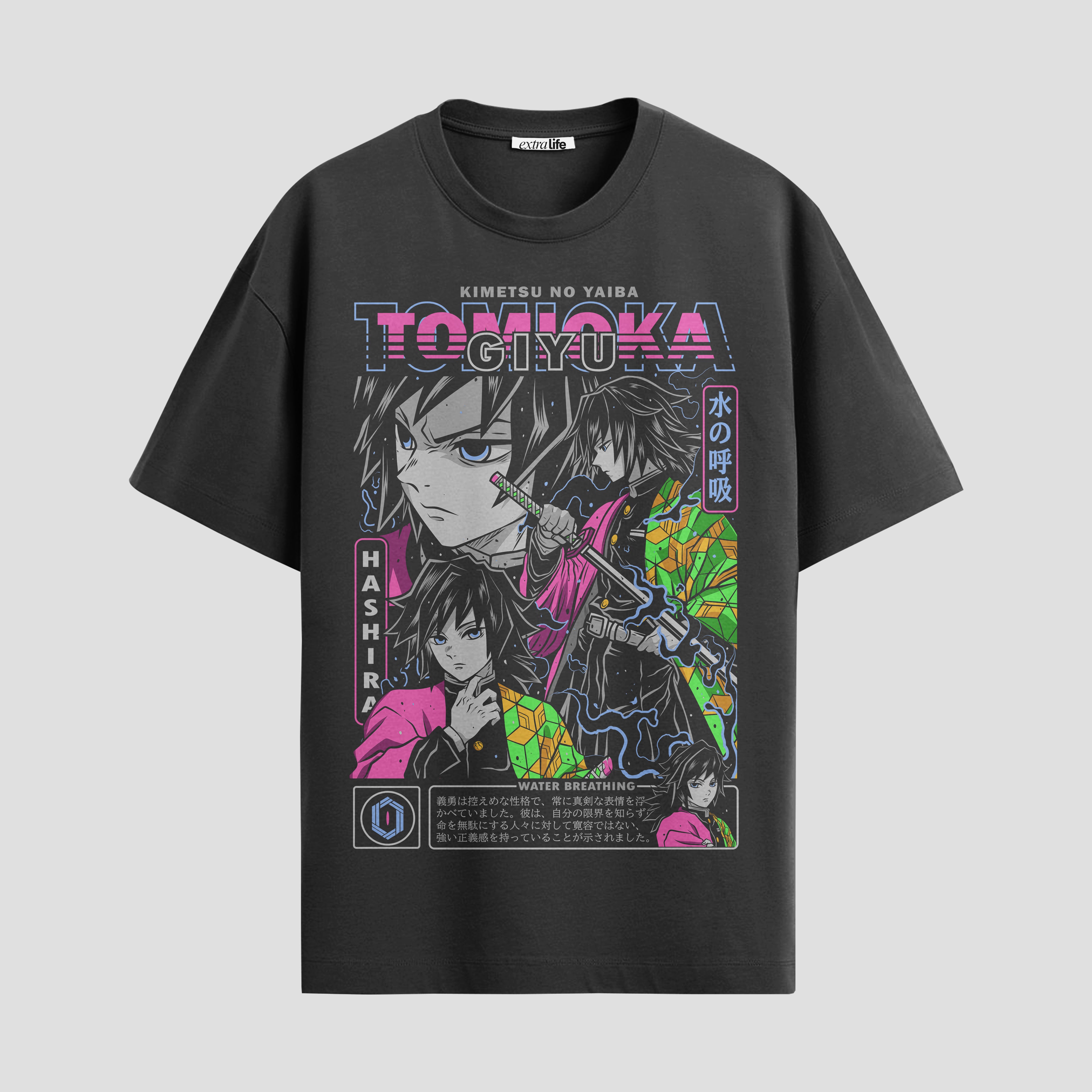 Playera urbana de anime y gaming ExtraLife MX, corte Standard Fit unisex ligero y transpirable en color Deep Black y Pure White, ropa de uso diario para gym y casual.