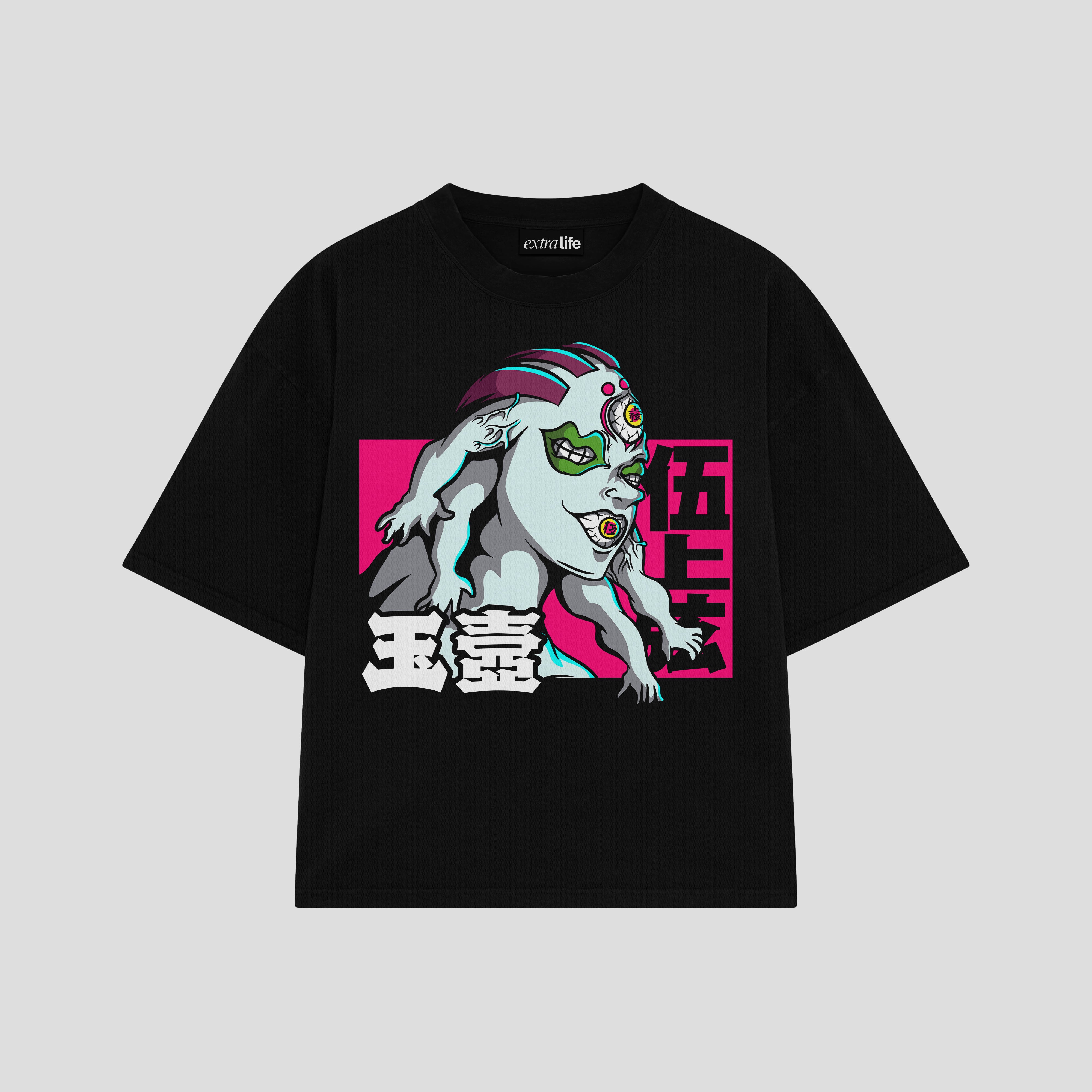 Playera streetwear premium de anime y gaming ExtraLife MX, corte boxy oversized drop shoulder heavyweight en color Deep Black y Off-White, moda urbana mexicana de culto.