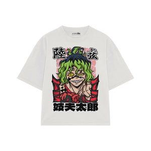 Playera streetwear premium de anime y gaming ExtraLife MX, corte boxy oversized drop shoulder heavyweight en color Deep Black y Off-White, moda urbana mexicana de culto.